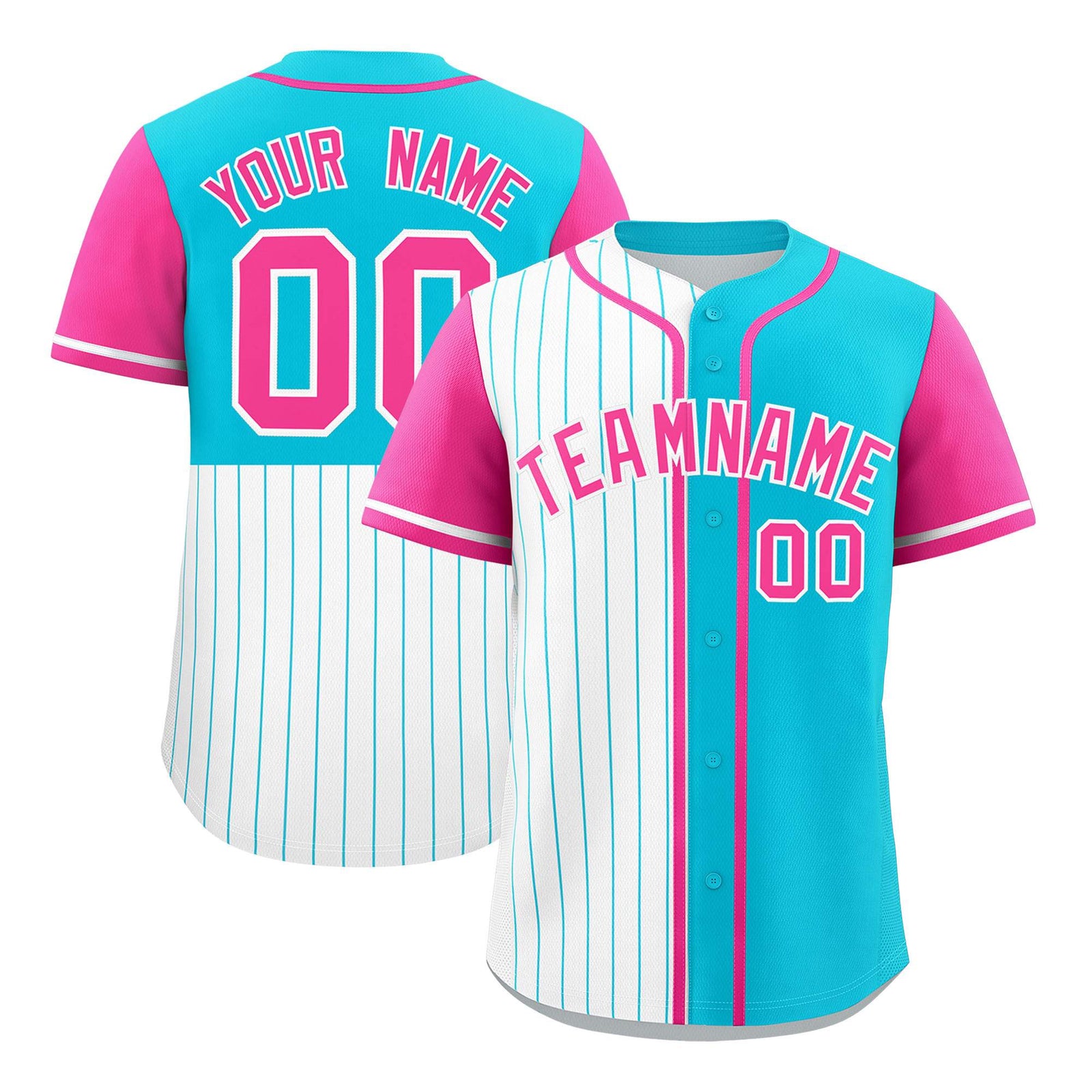 Custom White Sky Blue and Pink Pinstripe Personalized Raglan Sleeves Authentic Baseball Jersey