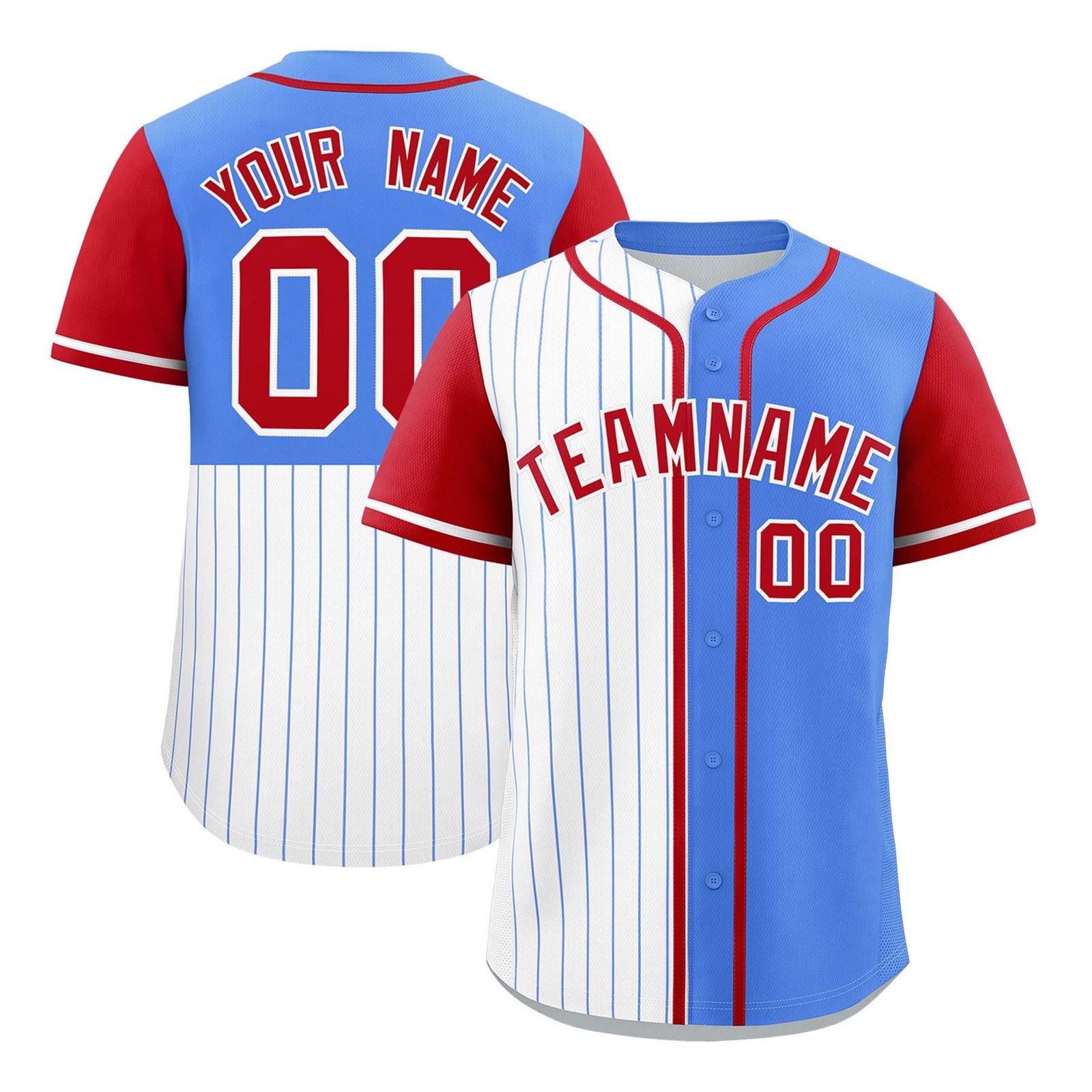 Custom White Powder Blue and Red Pinstripe Personalized Raglan Sleeves Authentic Baseball Jersey