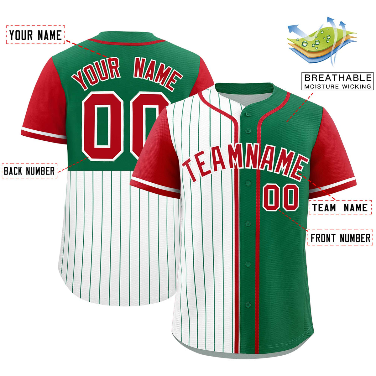 Custom White Kelly Green and Red Pinstripe Personalized Raglan Sleeves Authentic Baseball Jersey