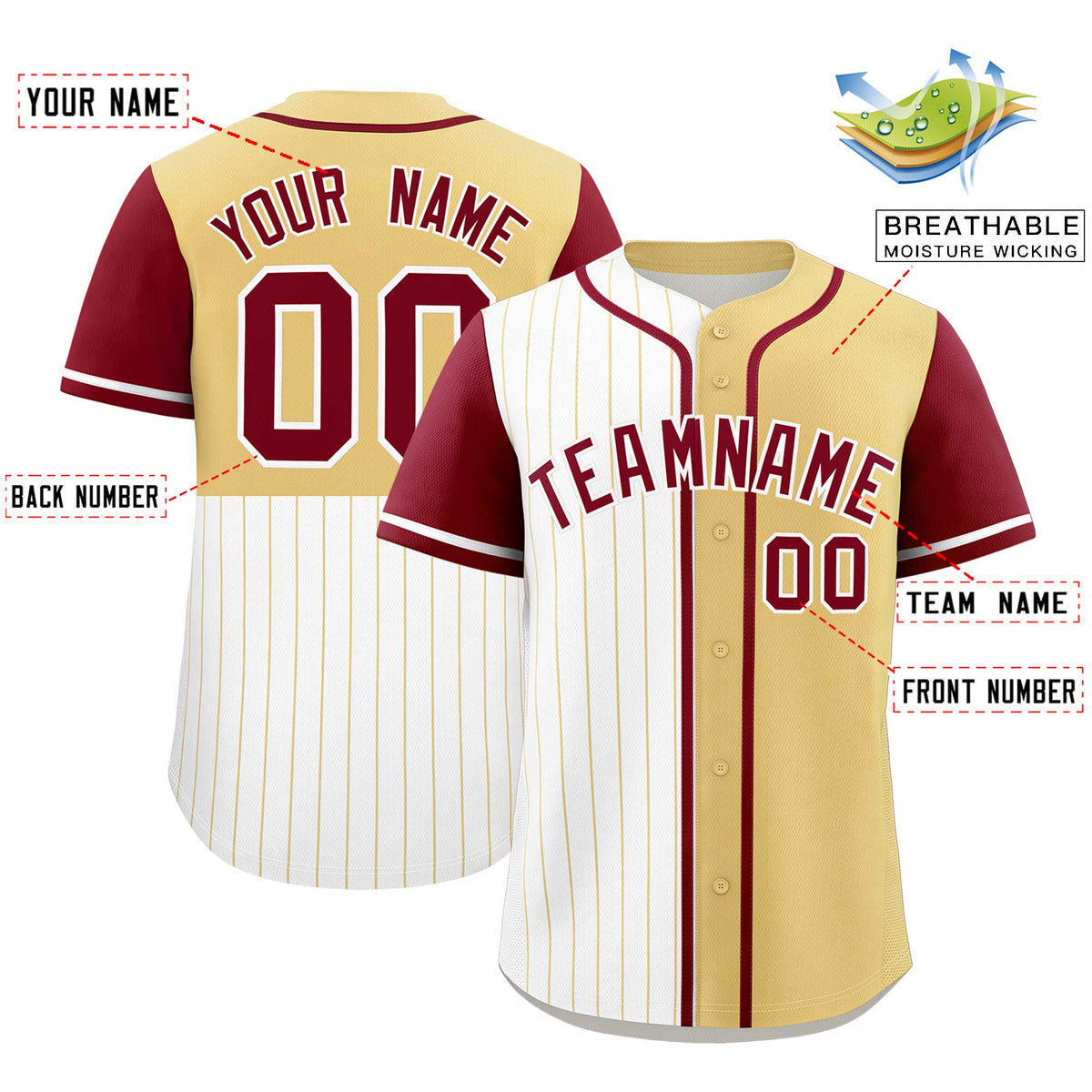 Custom White Khaki and Crimson Pinstripe Personalized Raglan Sleeves Authentic Baseball Jersey