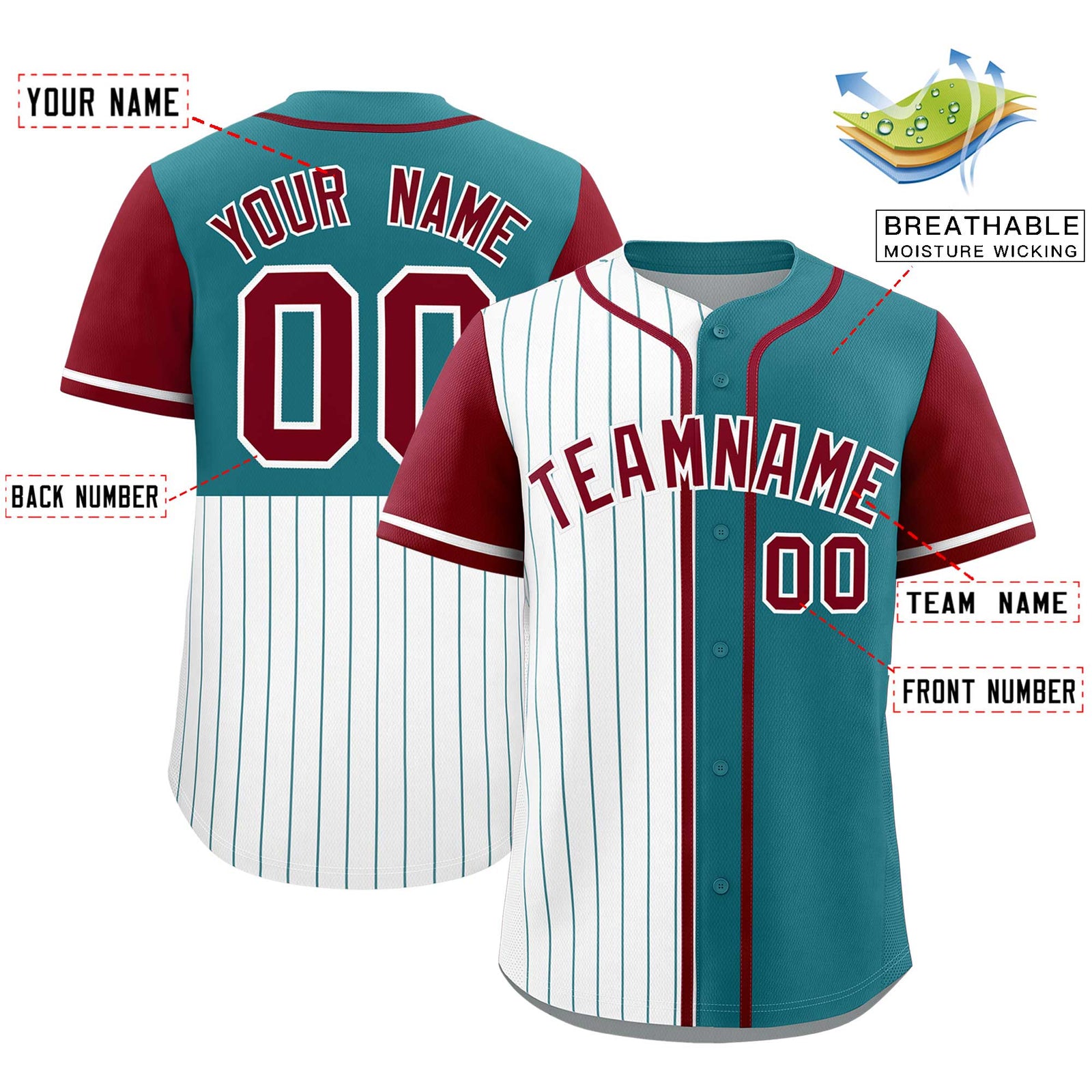 Custom White Teal and Crimson Pinstripe Personalized Raglan Sleeves Authentic Baseball Jersey