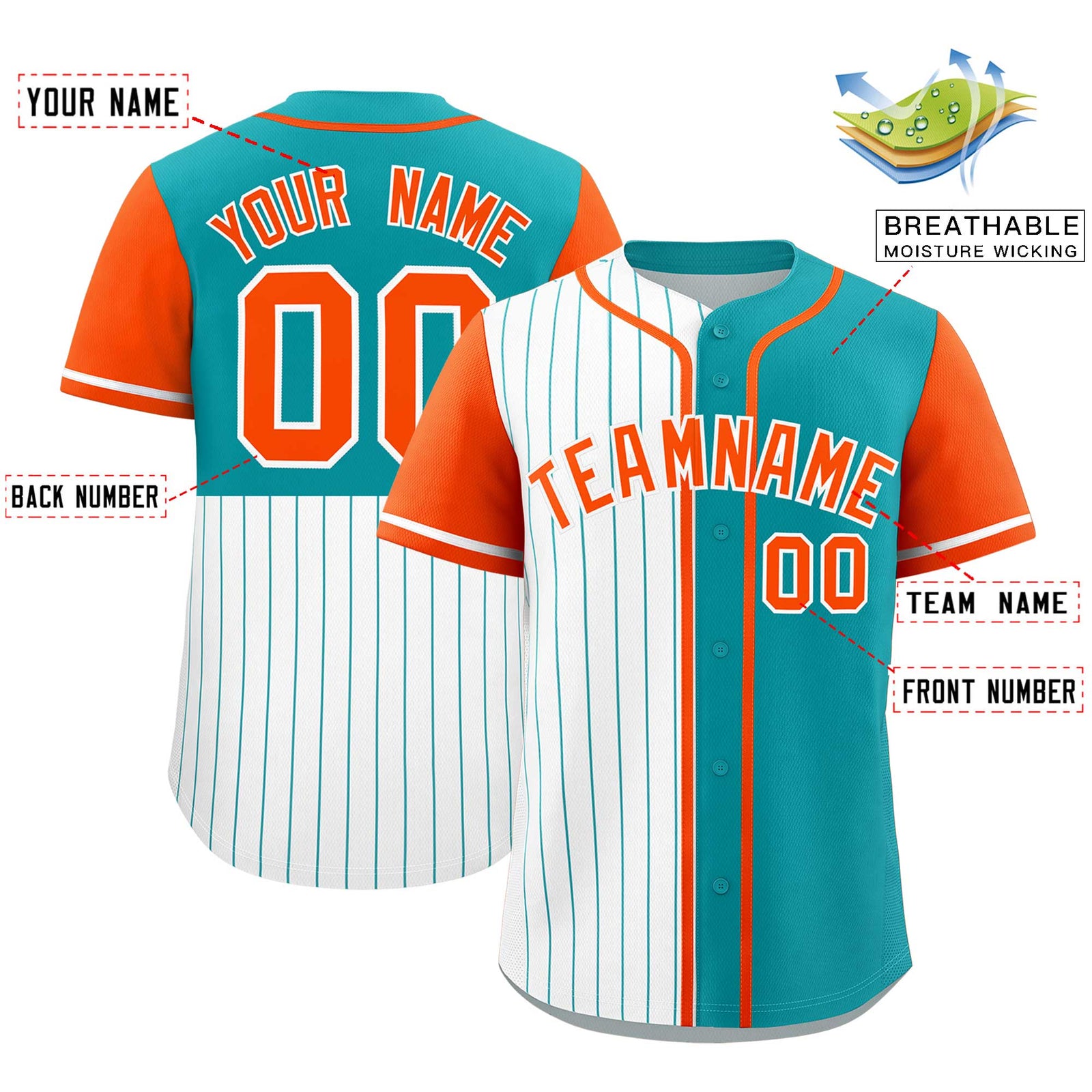Custom White Aqua and Orange Pinstripe Personalized Raglan Sleeves Authentic Baseball Jersey