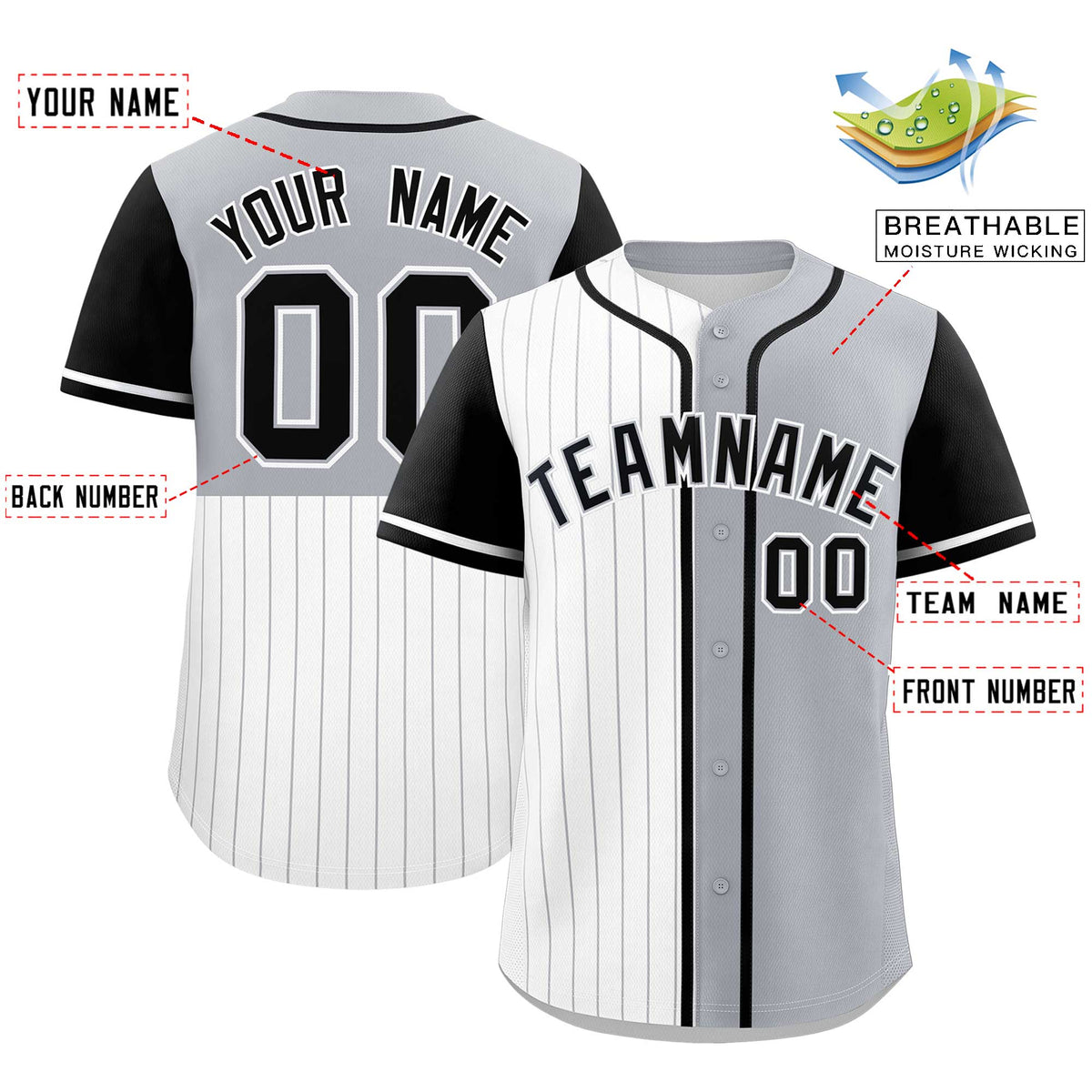 Custom White Gray and Black Pinstripe Personalized Raglan Sleeves Authentic Baseball Jersey