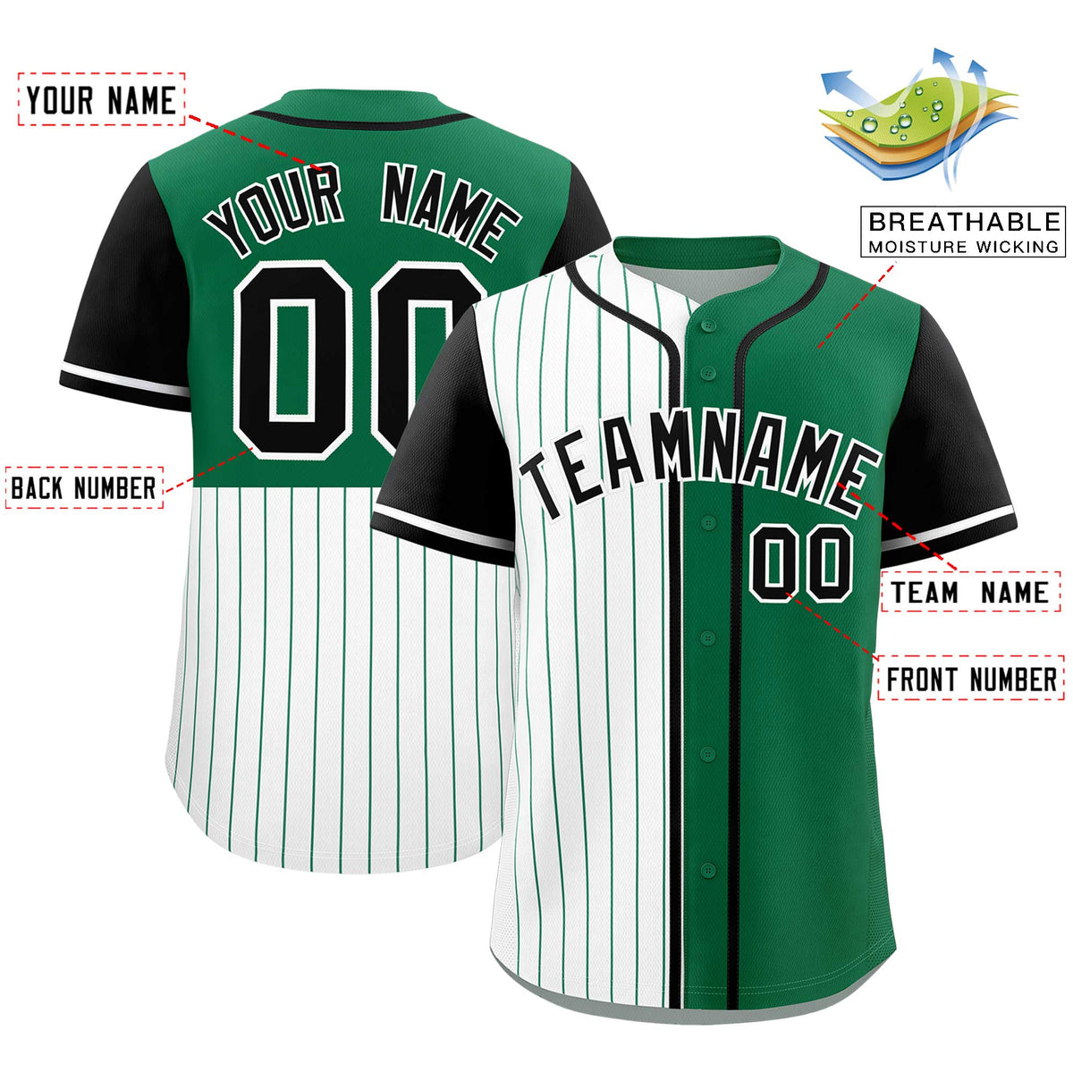 Custom White Kelly Green and Black Pinstripe Personalized Raglan Sleeves Authentic Baseball Jersey