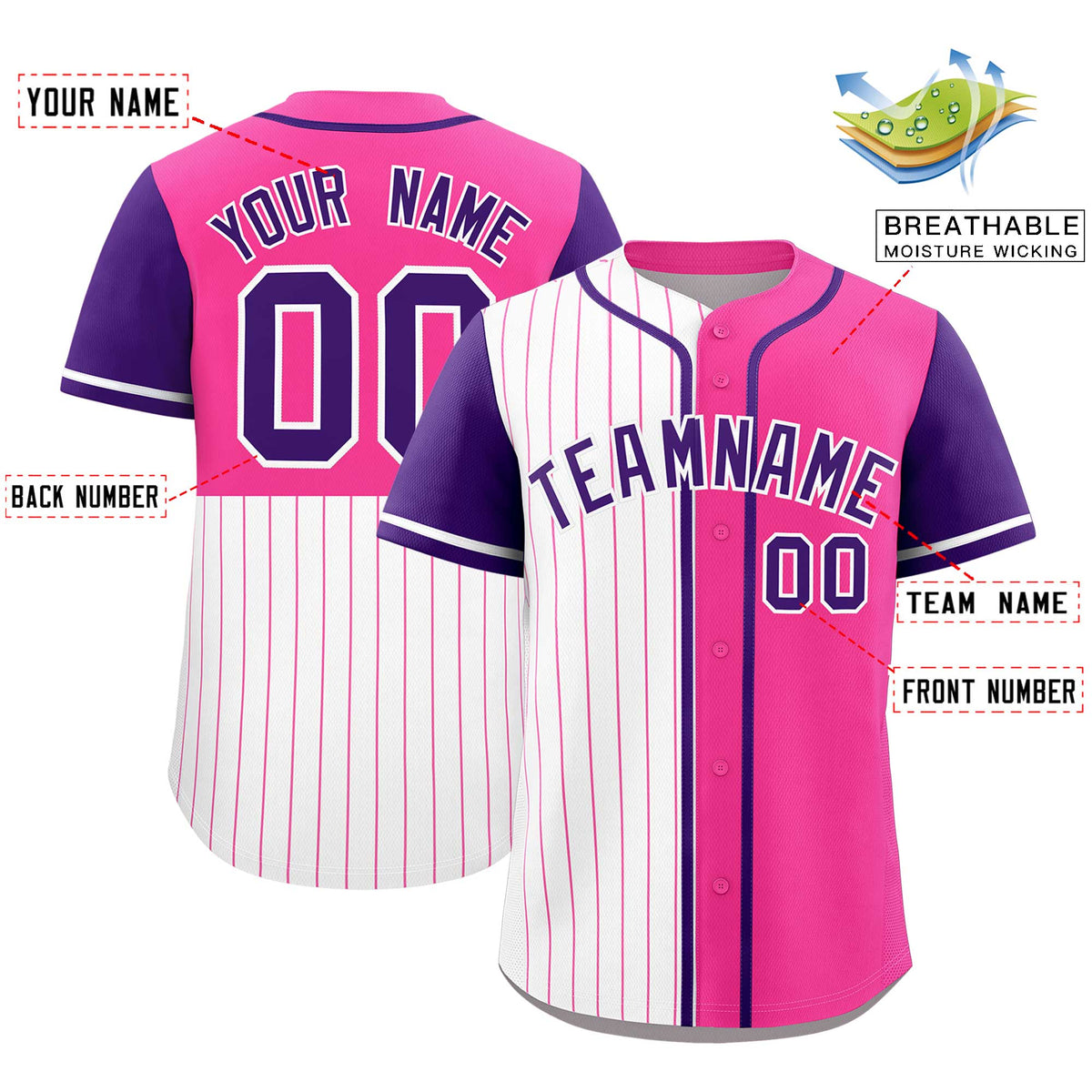 Custom White Pink and Purple Pinstripe Personalized Raglan Sleeves Authentic Baseball Jersey