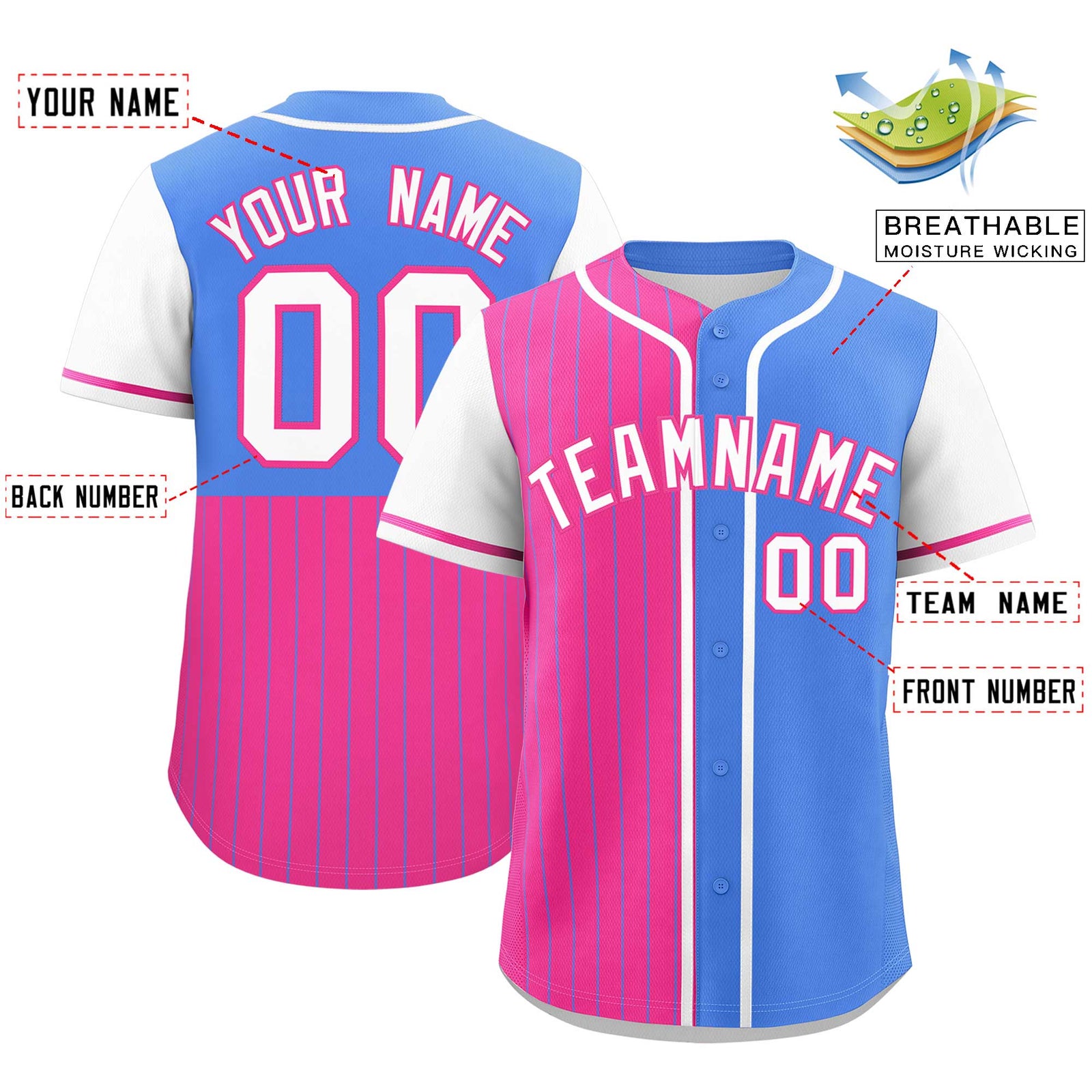 Custom Pink Powder Blue and White Pinstripe Personalized Raglan Sleeves Authentic Baseball Jersey