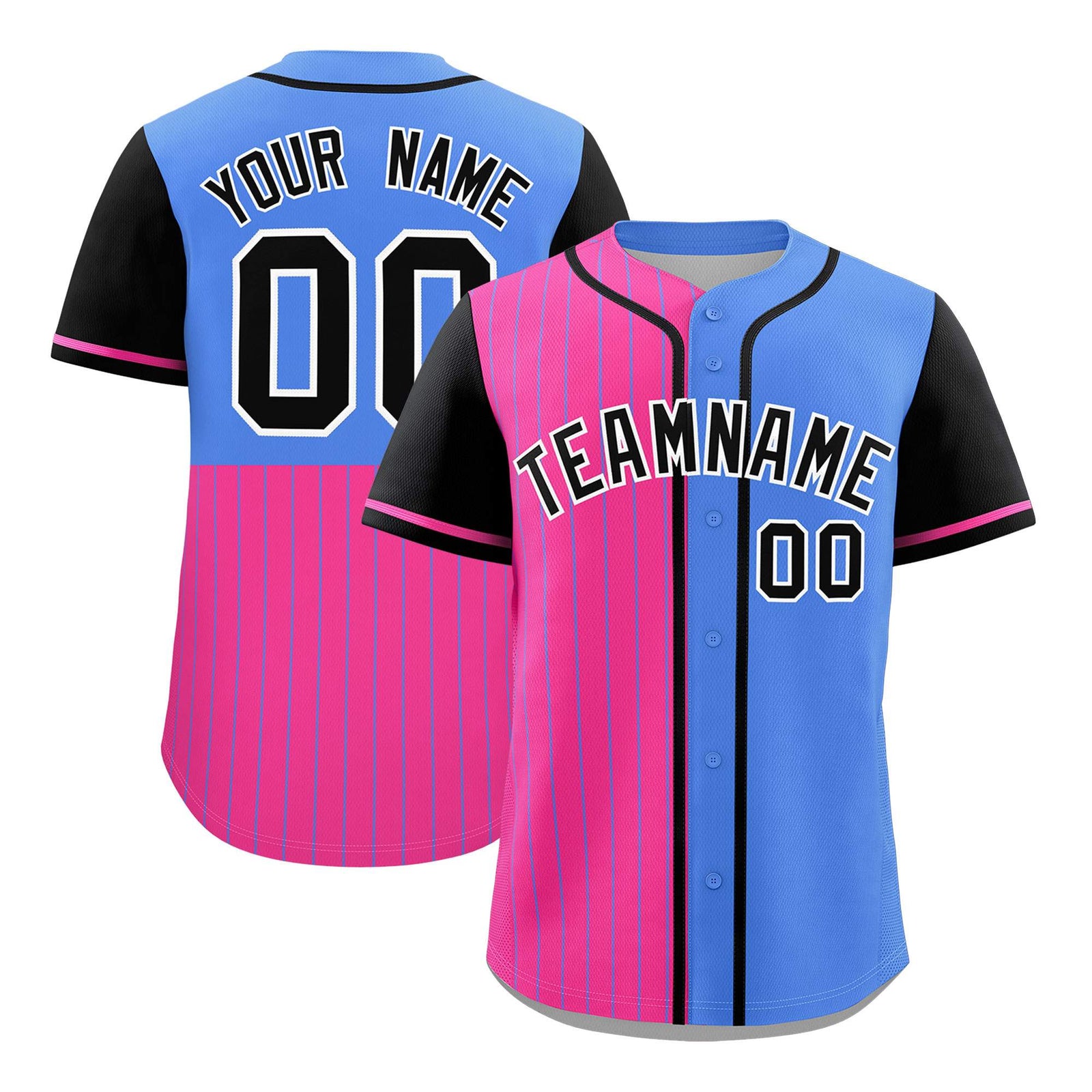 Custom Pink Powder Blue and Black Pinstripe Personalized Raglan Sleeves Authentic Baseball Jersey