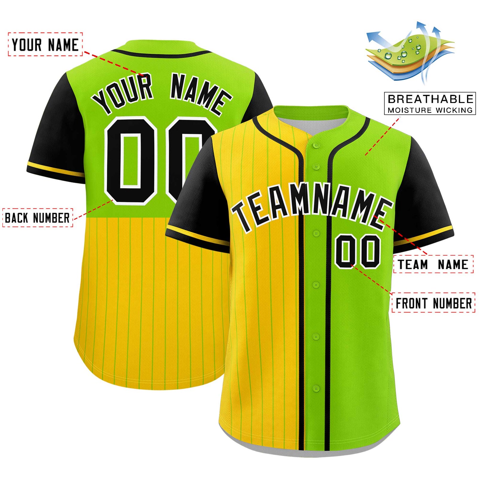 Custom Gold Neon Green and Black Pinstripe Personalized Raglan Sleeves Authentic Baseball Jersey