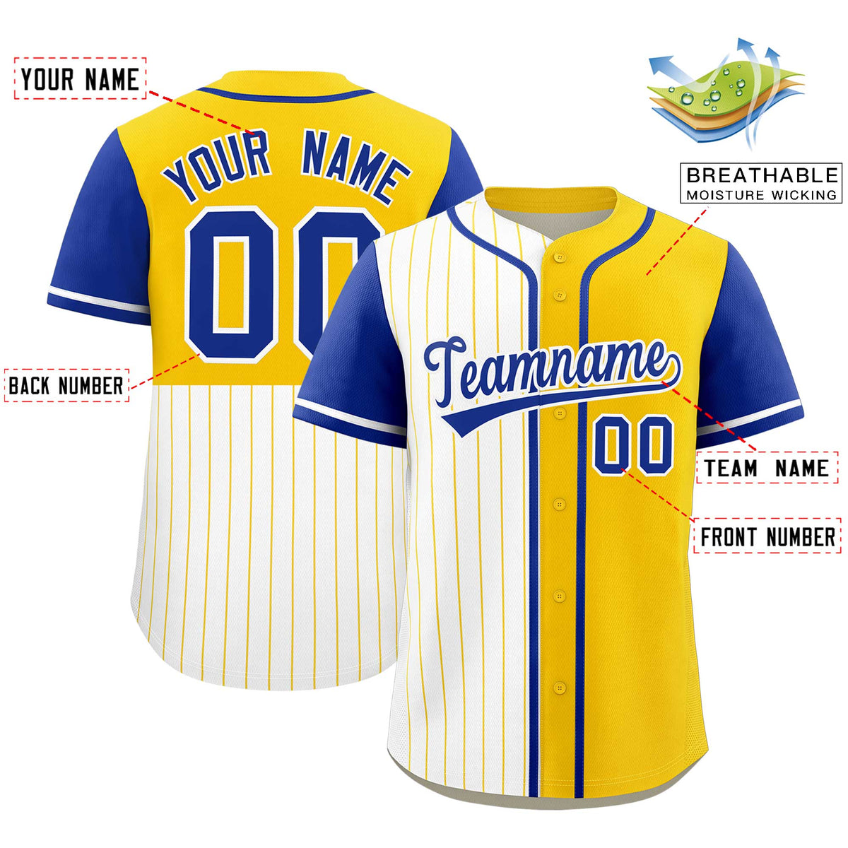Custom White Gold and Royal Pinstripe Personalized Raglan Sleeves Authentic Baseball Jersey