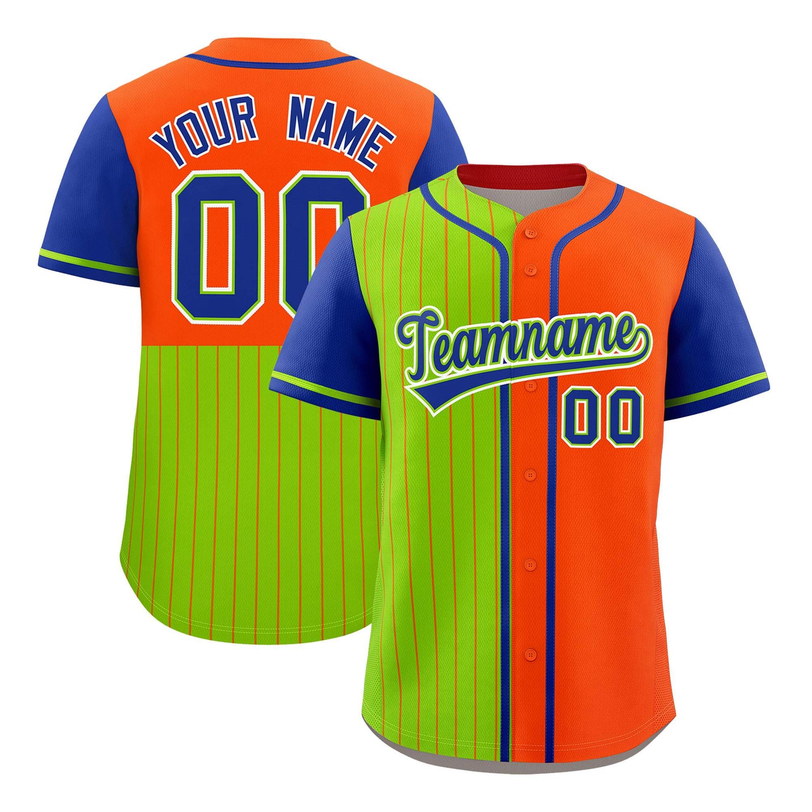 Custom Neon Green Orange and Royal Pinstripe Personalized Raglan Sleeves Authentic Baseball Jersey