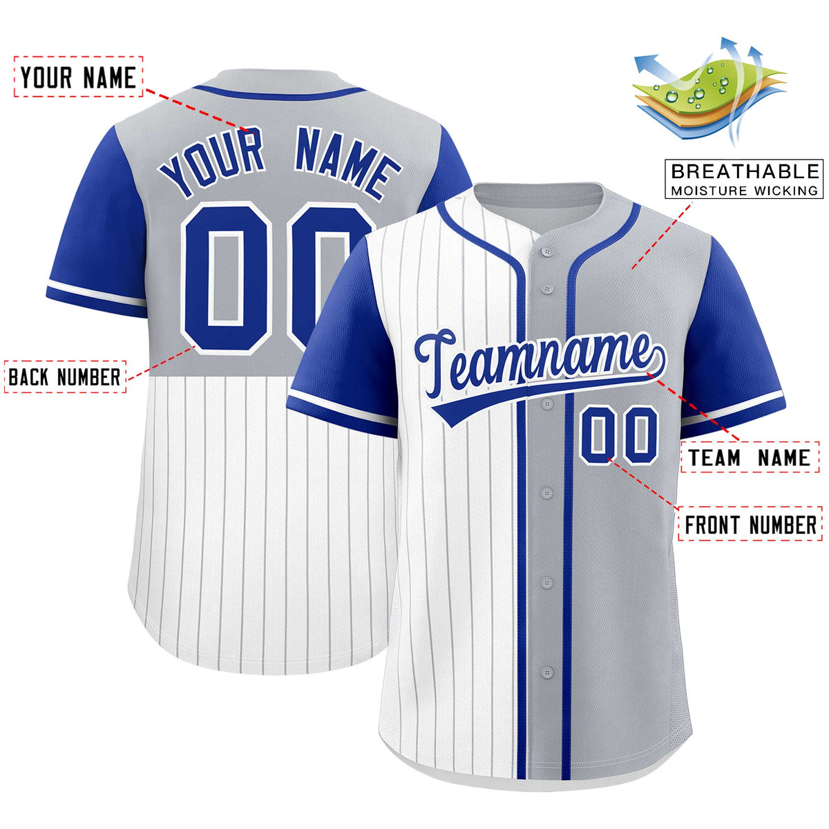 Custom White Gray and Royal Pinstripe Personalized Raglan Sleeves Authentic Baseball Jersey