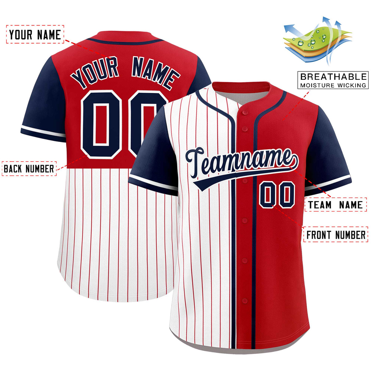 Custom White Red and Navy Pinstripe Personalized Raglan Sleeves Authentic Baseball Jersey