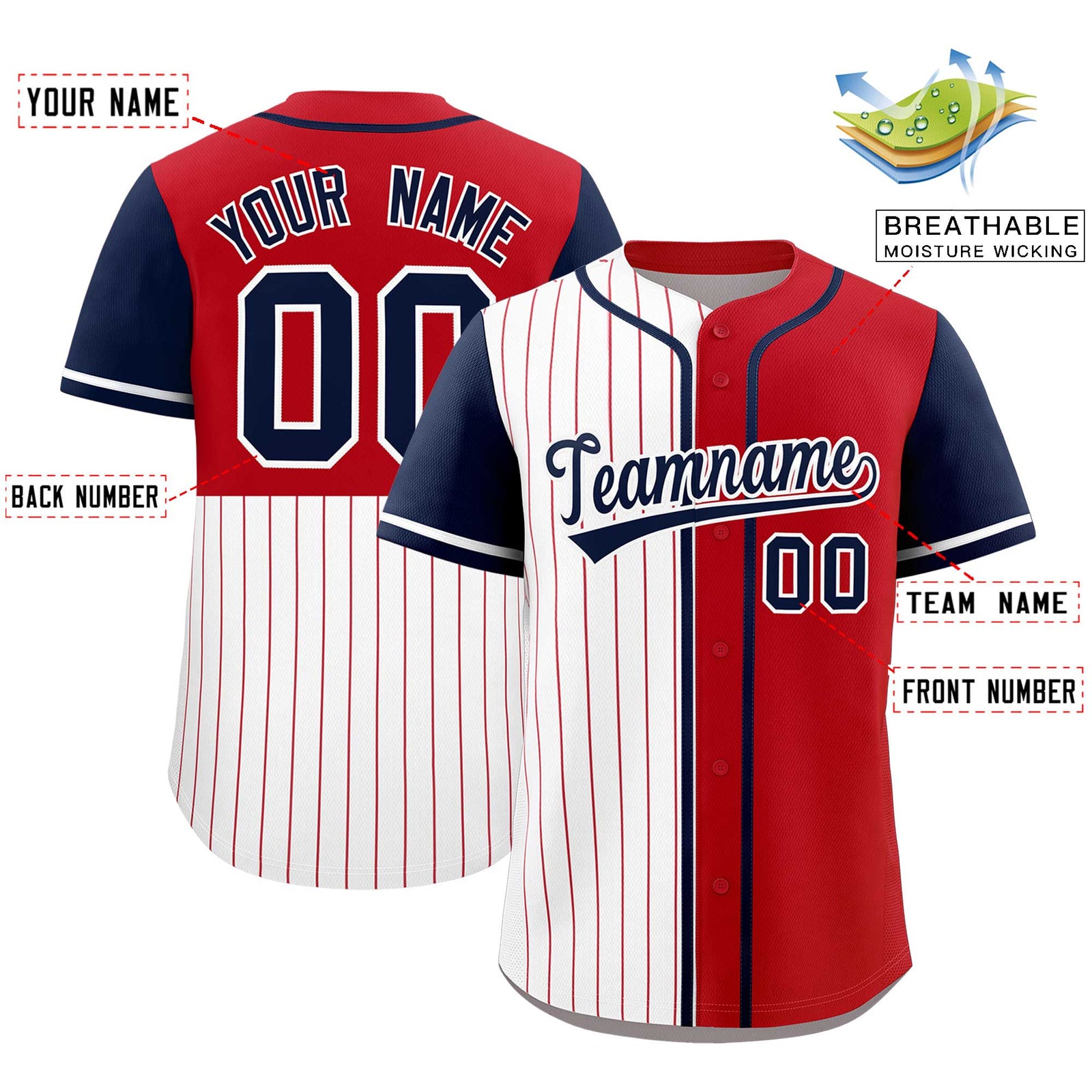 Custom White Red and Navy Pinstripe Personalized Raglan Sleeves Authentic Baseball Jersey