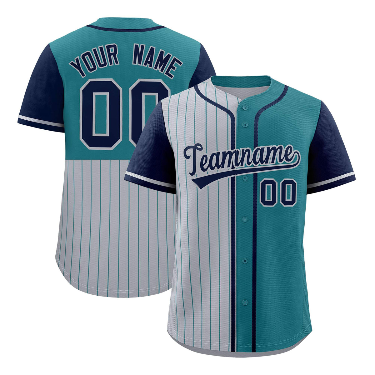 Custom Gray Teal and Navy Pinstripe Personalized Raglan Sleeves Authentic Baseball Jersey