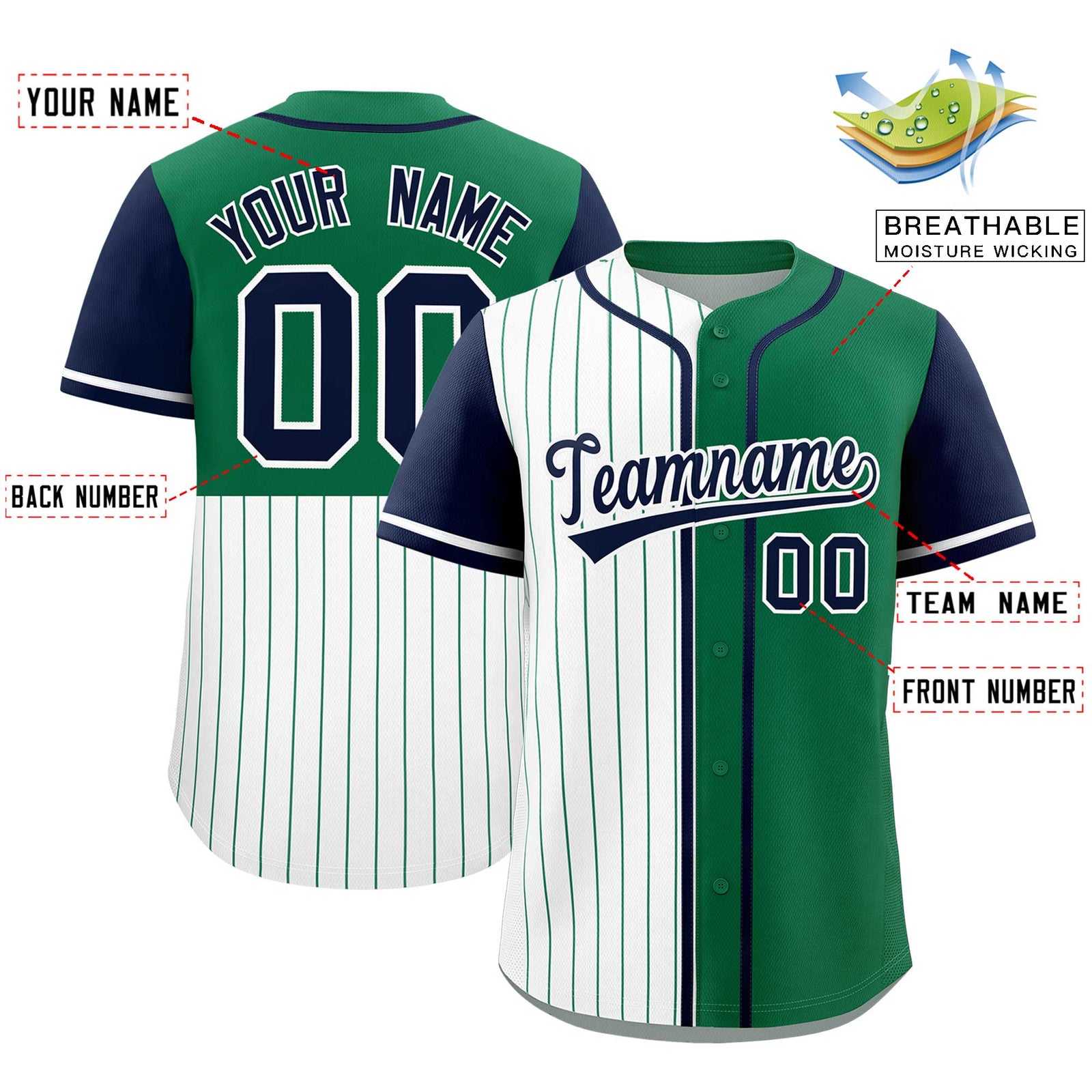 Custom White Kelly Green and Navy Pinstripe Personalized Raglan Sleeves Authentic Baseball Jersey