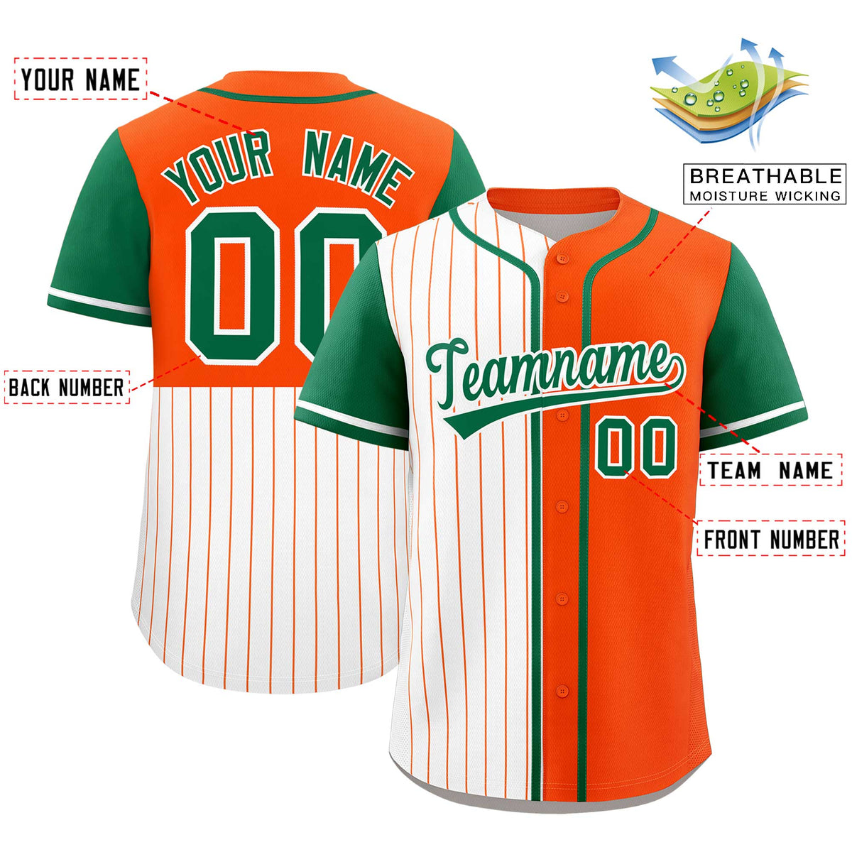 Custom White Orange and Kelly Green Pinstripe Personalized Raglan Sleeves Authentic Baseball Jersey