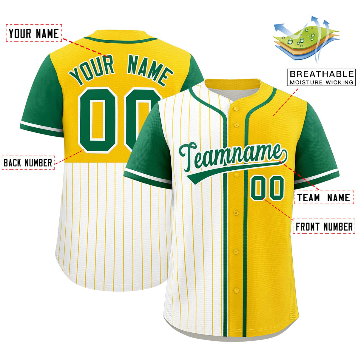 Custom White Gold and Kelly Green Pinstripe Personalized Raglan Sleeves Authentic Baseball Jersey