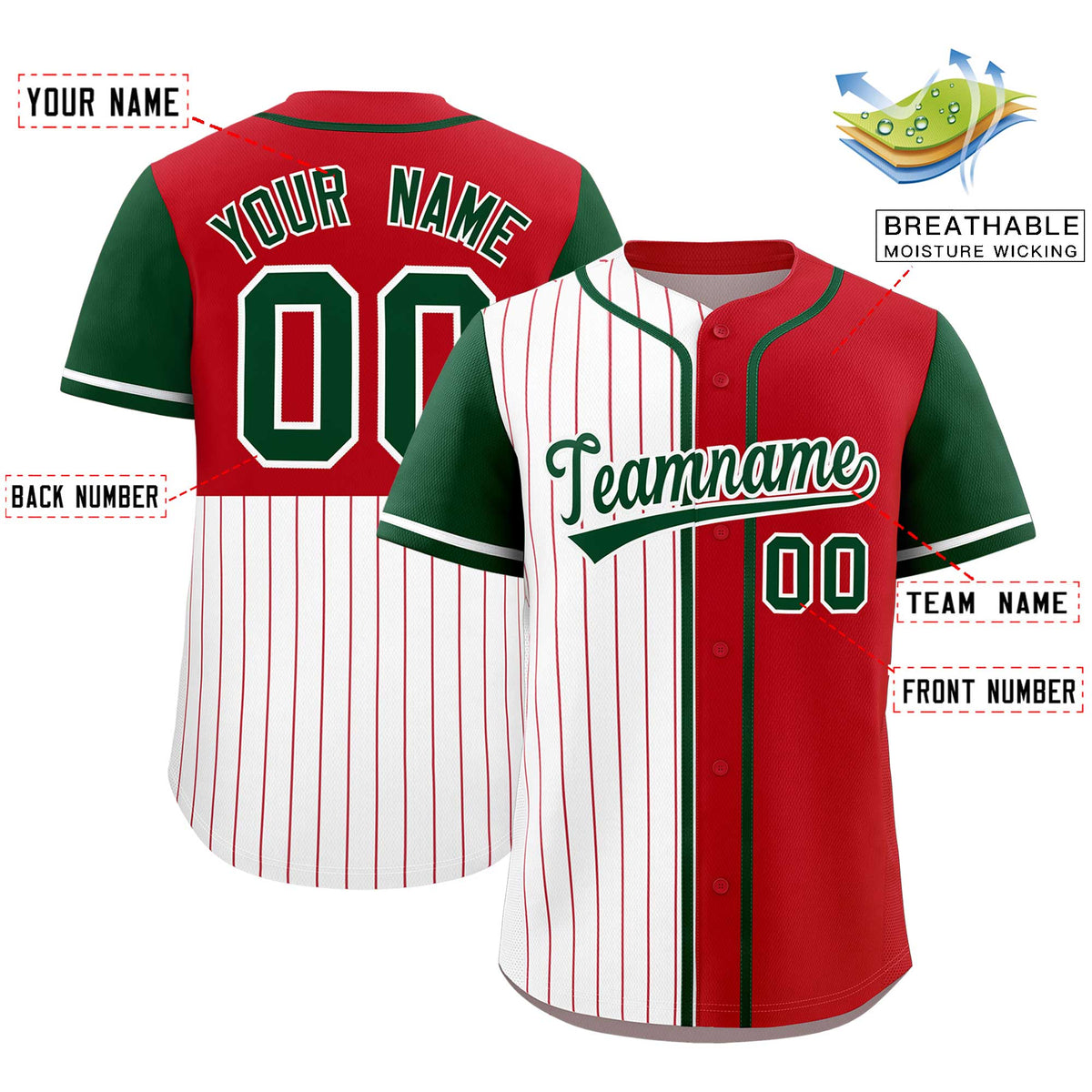 Custom White Red and Green Pinstripe Personalized Raglan Sleeves Authentic Baseball Jersey