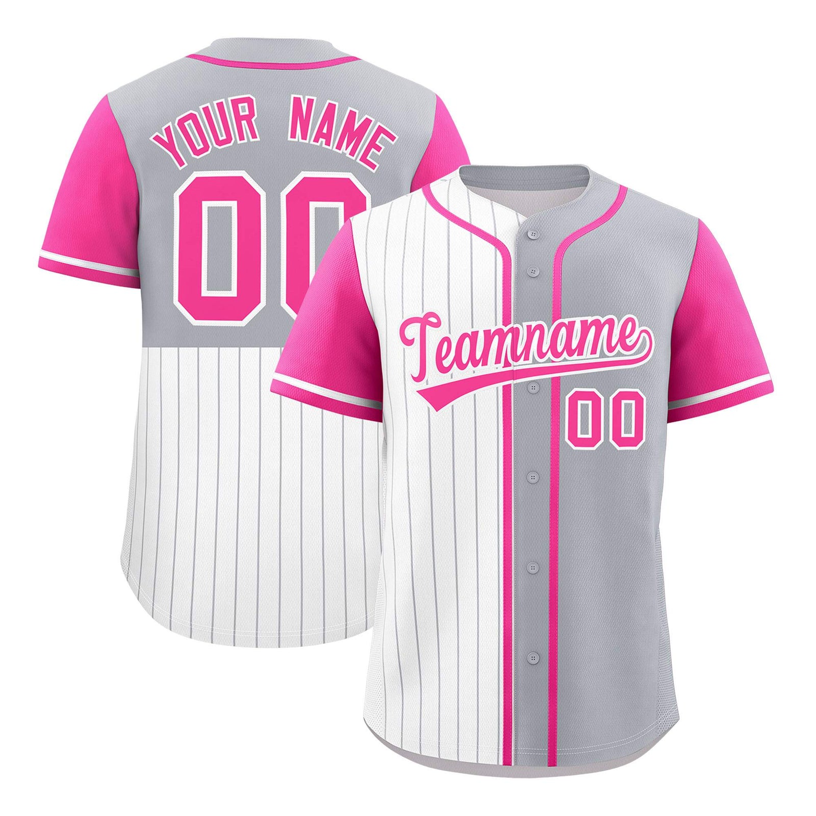 Custom White Gray and Pink Pinstripe Personalized Raglan Sleeves Authentic Baseball Jersey