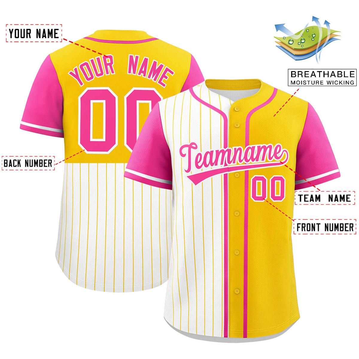 Custom White Gold and Pink Pinstripe Personalized Raglan Sleeves Authentic Baseball Jersey