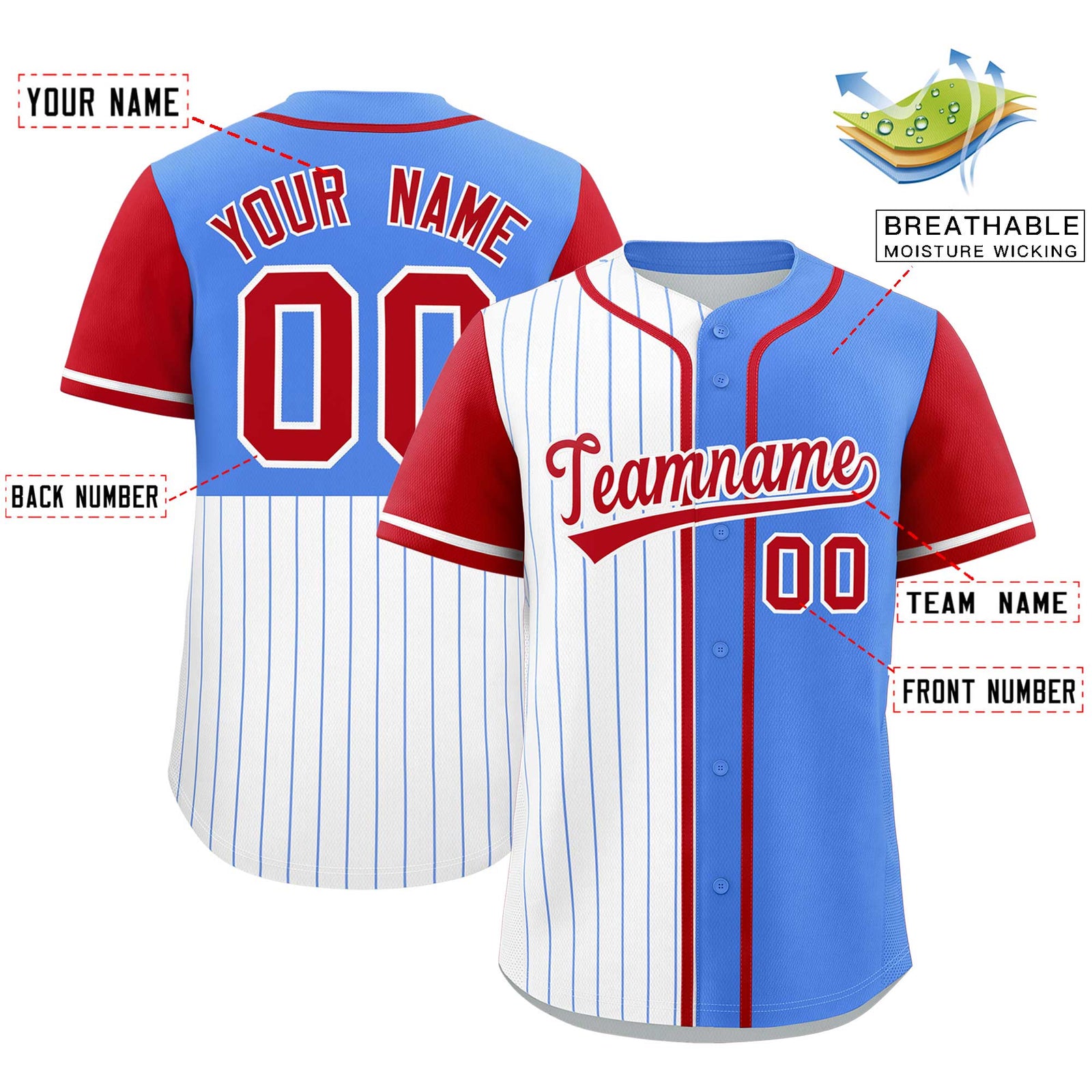 Custom White Powder Blue and Red Pinstripe Personalized Raglan Sleeves Authentic Baseball Jersey