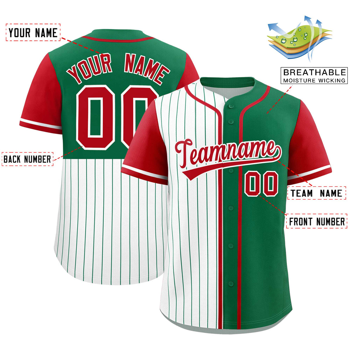 Custom White Kelly Green and Red Pinstripe Personalized Raglan Sleeves Authentic Baseball Jersey