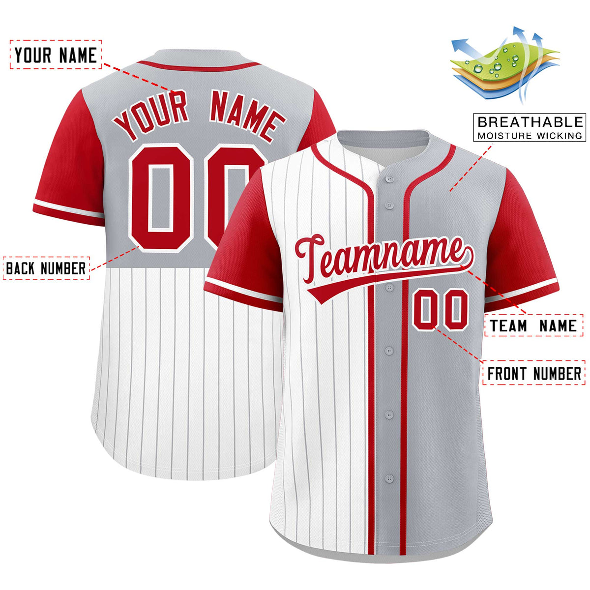 Custom White Gray and Red Pinstripe Personalized Raglan Sleeves Authentic Baseball Jersey