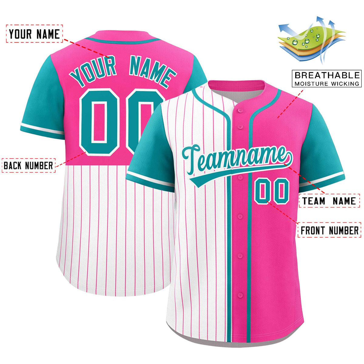 Custom White Pink and Aqua Pinstripe Personalized Raglan Sleeves Authentic Baseball Jersey