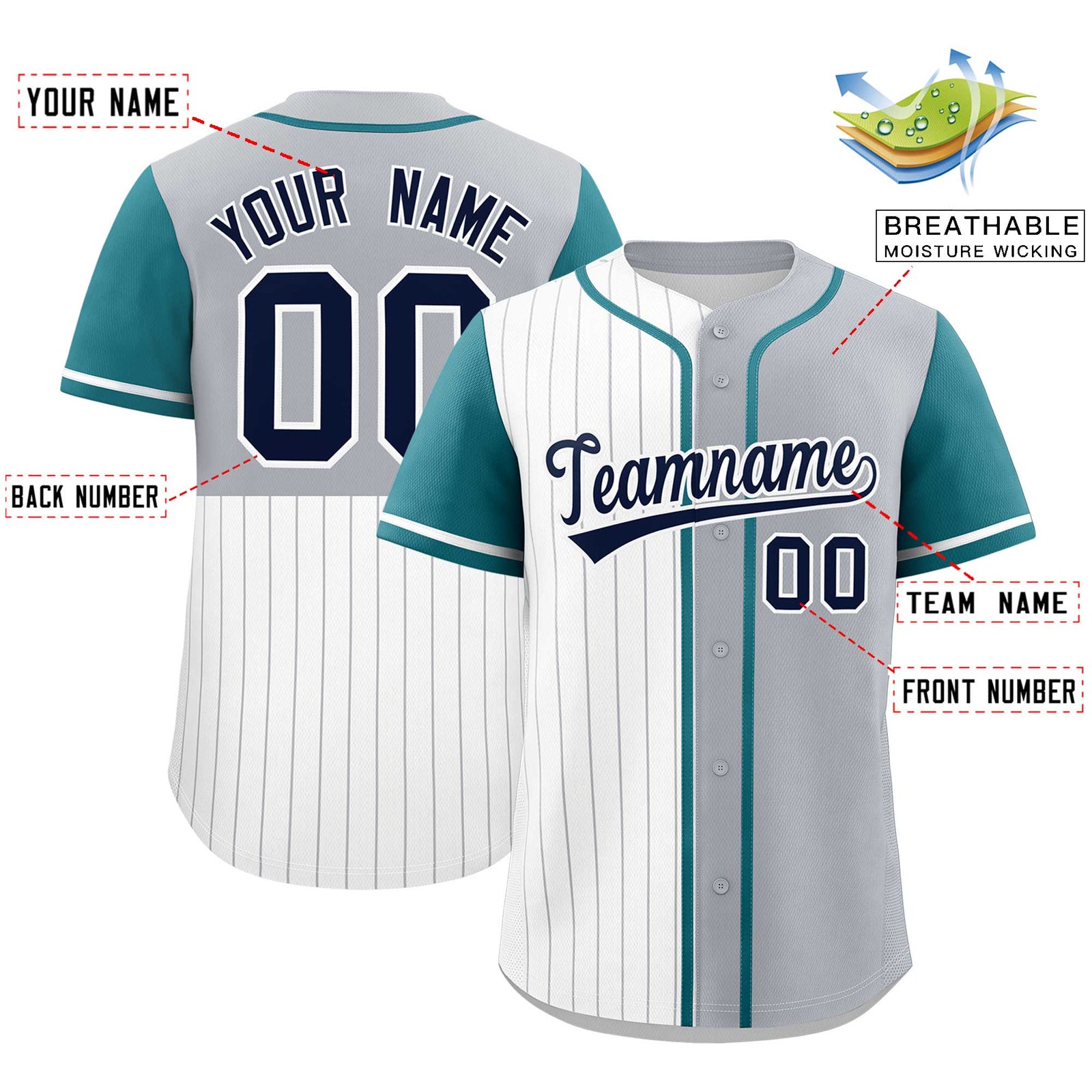 Custom White Gray and Teal Pinstripe Personalized Raglan Sleeves Authentic Baseball Jersey