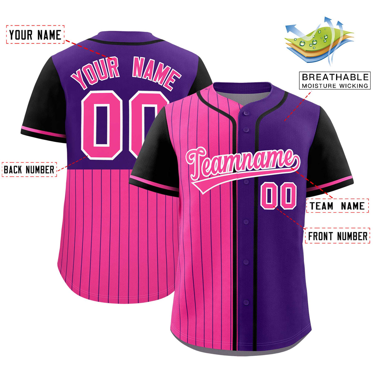 Custom Pink Purple and Black Pinstripe Personalized Raglan Sleeves Authentic Baseball Jersey