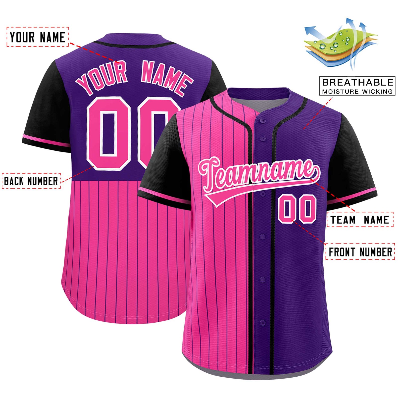 Custom Pink Purple and Black Pinstripe Personalized Raglan Sleeves Authentic Baseball Jersey