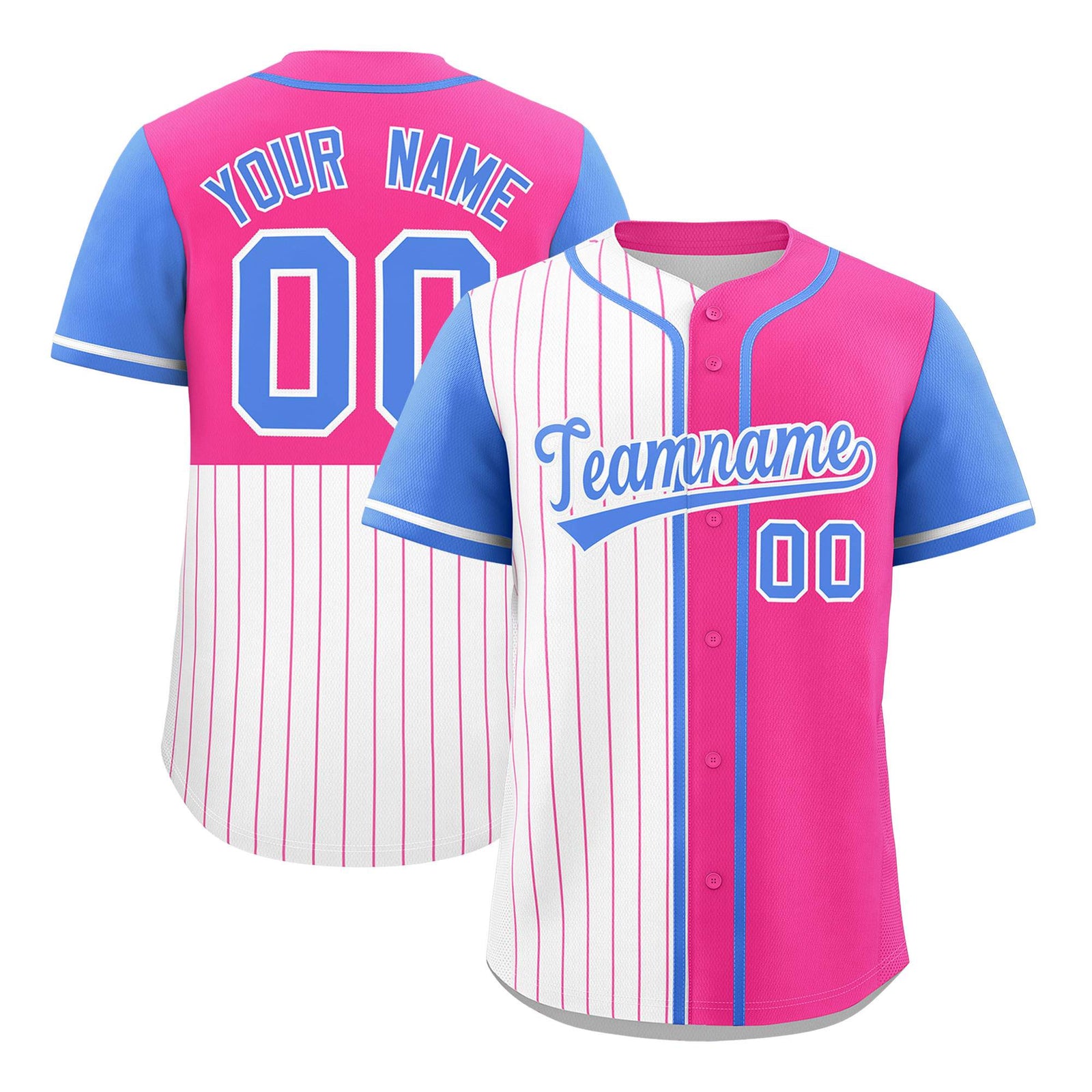 Custom White Pink and Powder Blue Pinstripe Personalized Raglan Sleeves Authentic Baseball Jersey