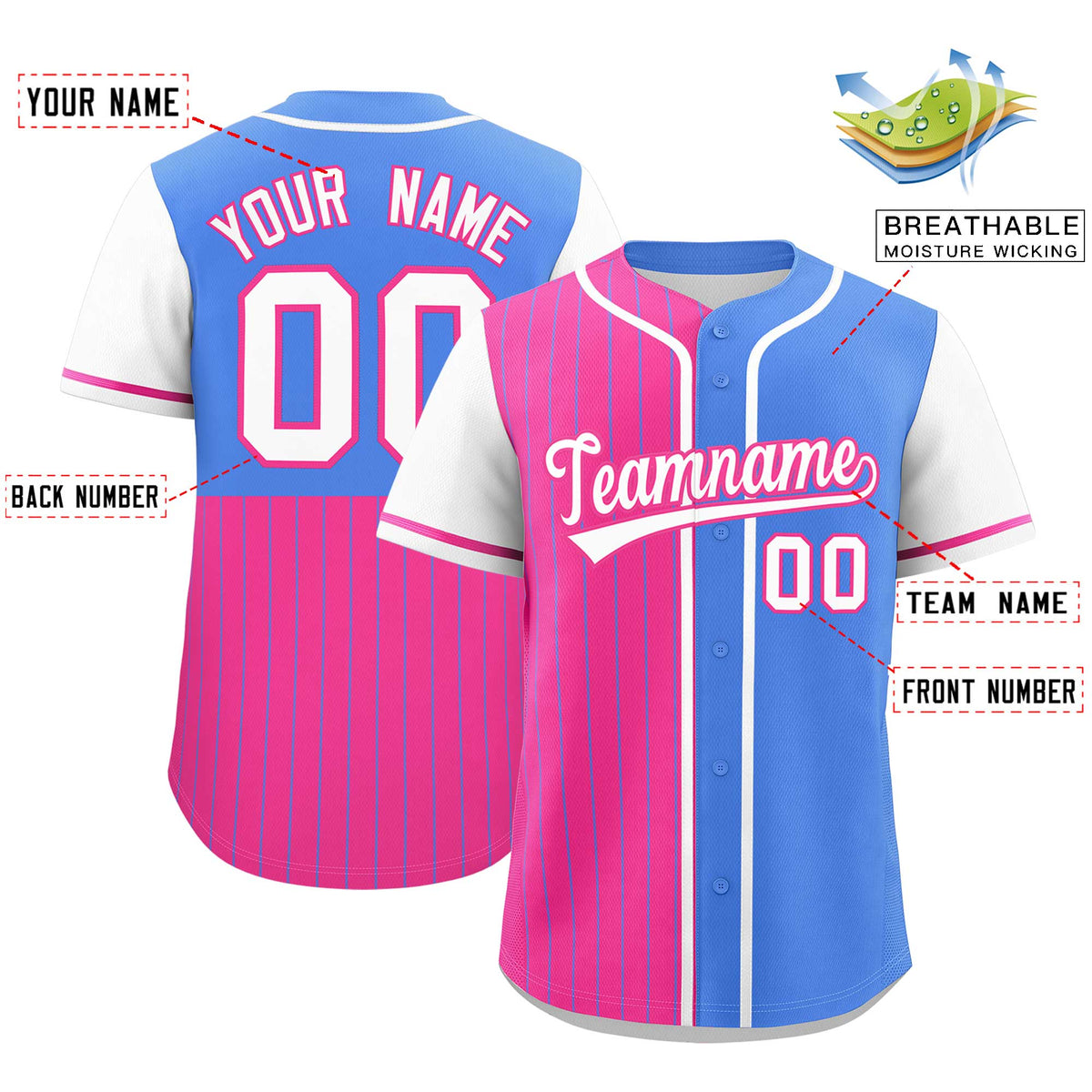 Custom Pink Powder Blue and White Pinstripe Personalized Raglan Sleeves Authentic Baseball Jersey