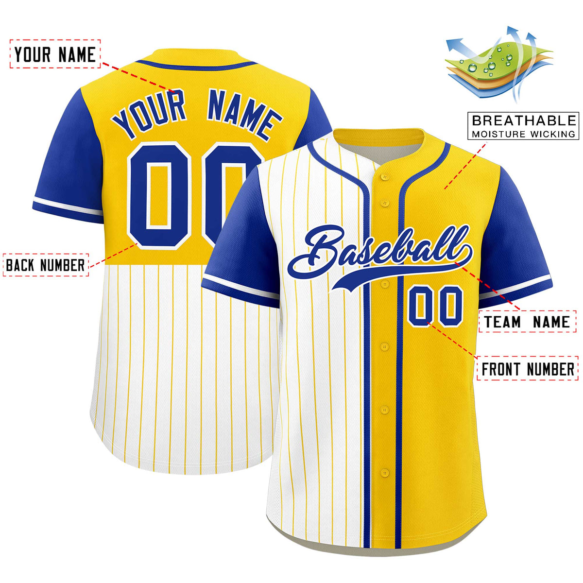 Custom White Gold and Royal Pinstripe Personalized Raglan Sleeves Authentic Baseball Jersey