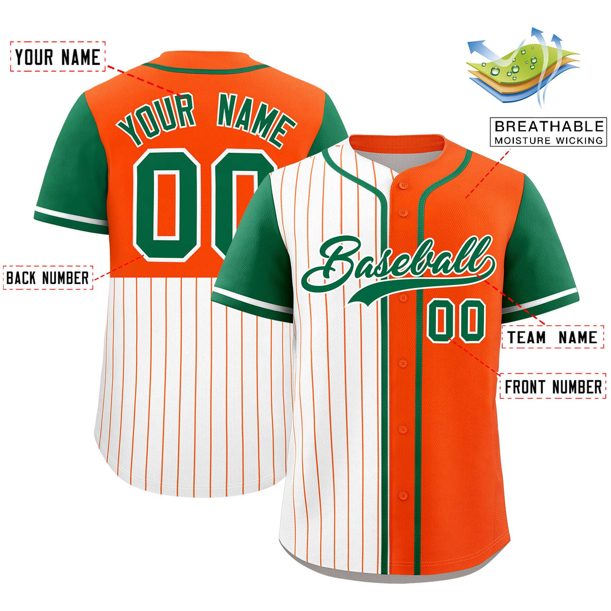 Custom White Orange and Kelly Green Pinstripe Personalized Raglan Sleeves Authentic Baseball Jersey