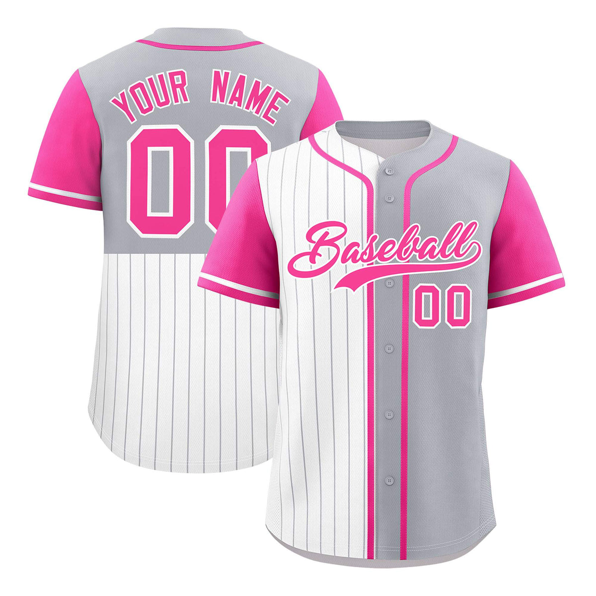 Custom White Gray and Pink Pinstripe Personalized Raglan Sleeves Authentic Baseball Jersey