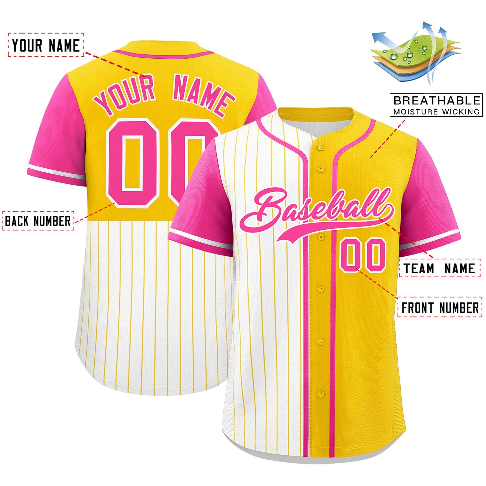 Custom White Gold and Pink Pinstripe Personalized Raglan Sleeves Authentic Baseball Jersey