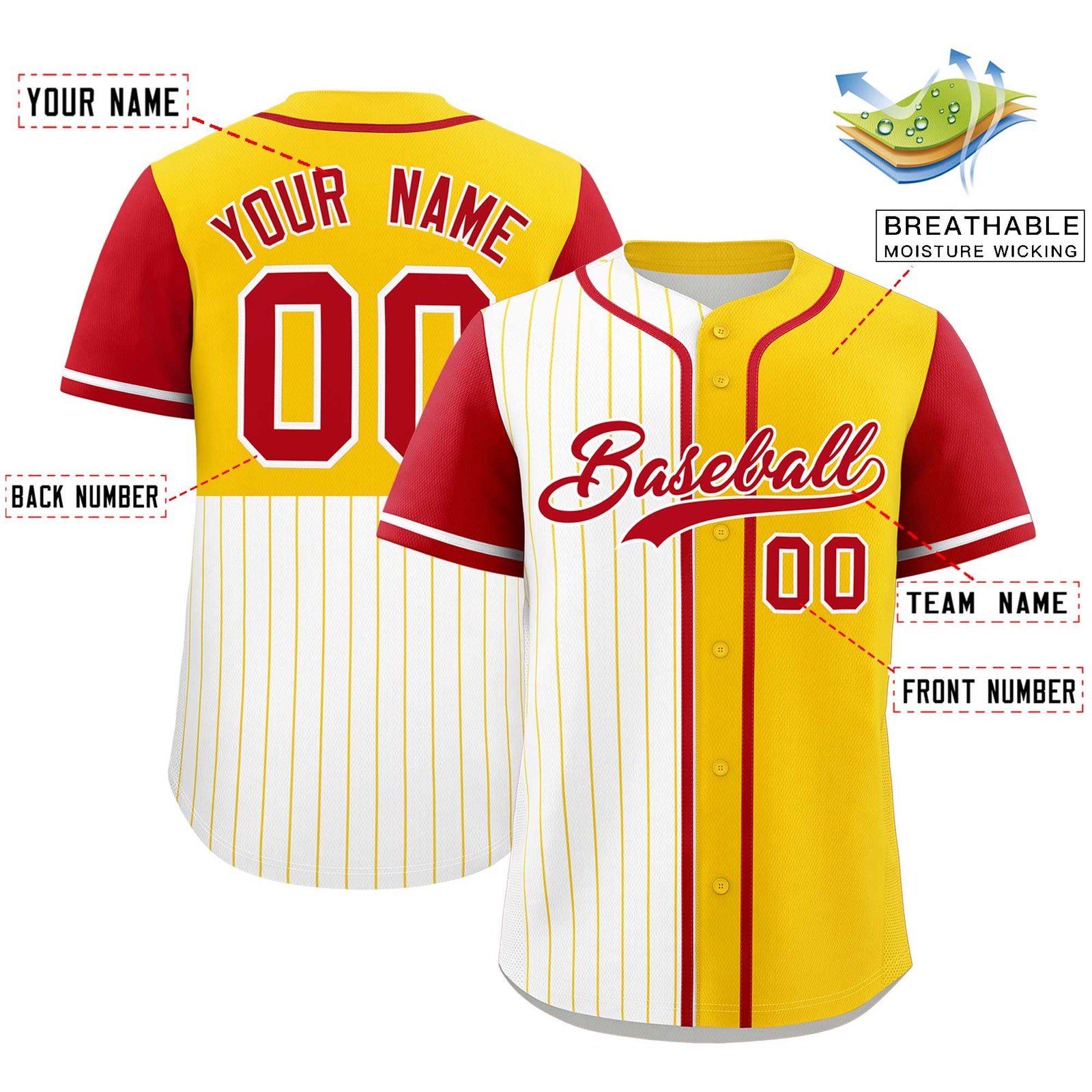 Custom White Gold and Red Pinstripe Personalized Raglan Sleeves Authentic Baseball Jersey