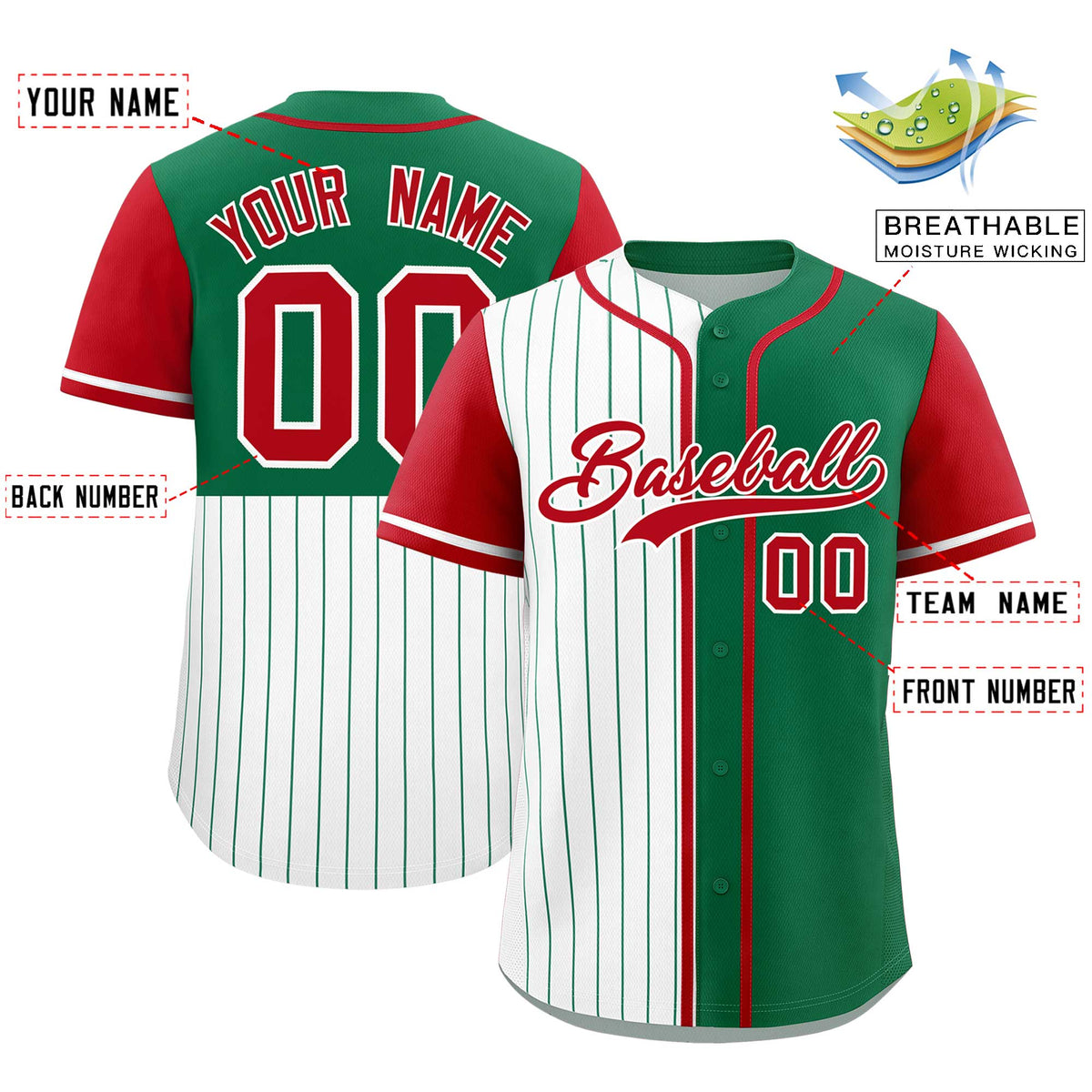 Custom White Kelly Green and Red Pinstripe Personalized Raglan Sleeves Authentic Baseball Jersey