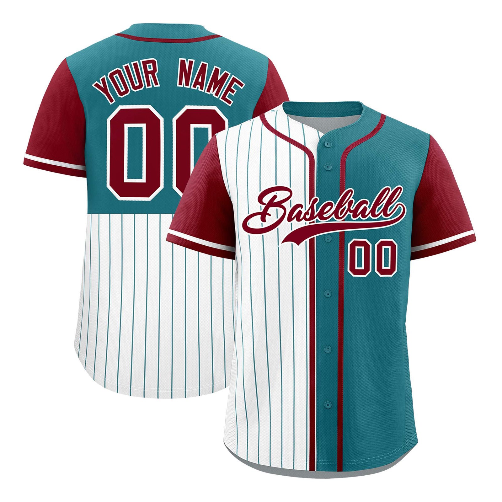 Custom White Teal and Crimson Pinstripe Personalized Raglan Sleeves Authentic Baseball Jersey