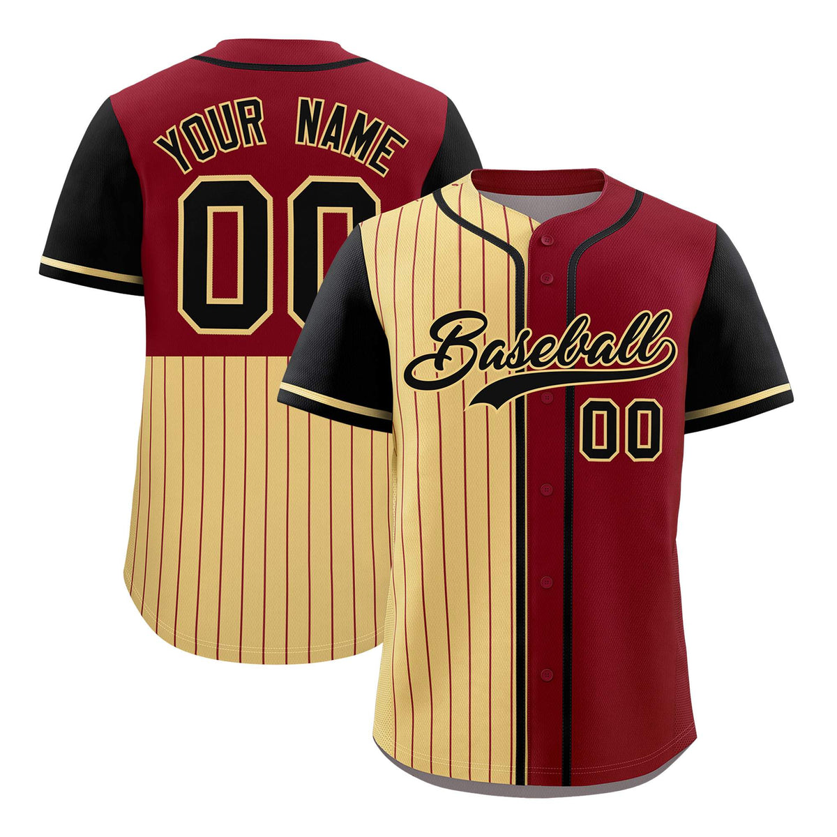 Custom Khaki Crimson and Black Pinstripe Personalized Raglan Sleeves Authentic Baseball Jersey