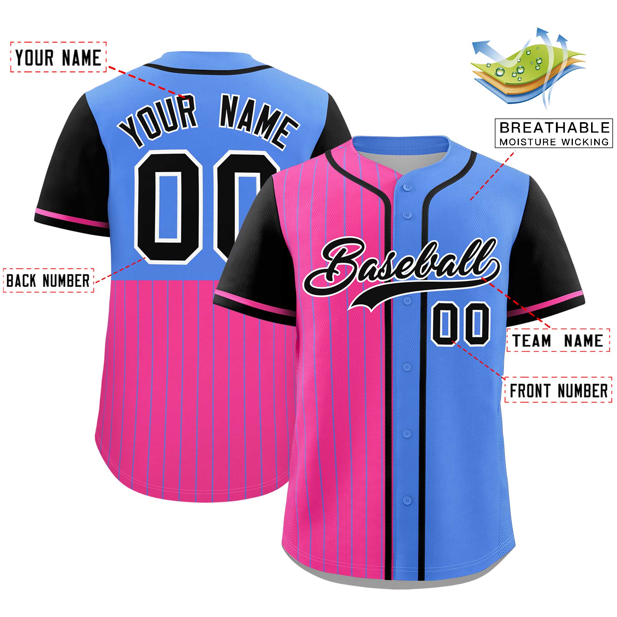 Custom Pink Powder Blue and Black Pinstripe Personalized Raglan Sleeves Authentic Baseball Jersey
