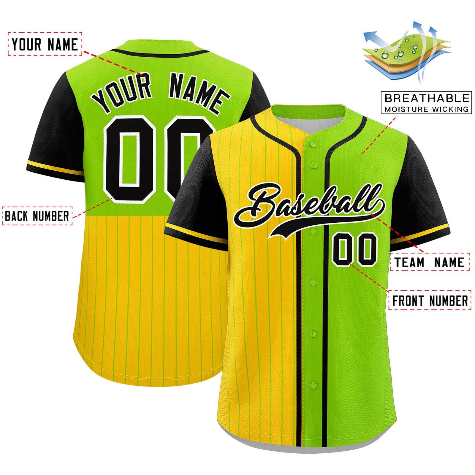 Custom Gold Neon Green and Black Pinstripe Personalized Raglan Sleeves Authentic Baseball Jersey