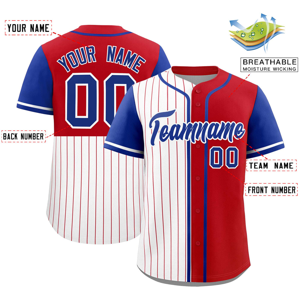 Custom White Red and Royal Pinstripe Personalized Raglan Sleeves Authentic Baseball Jersey