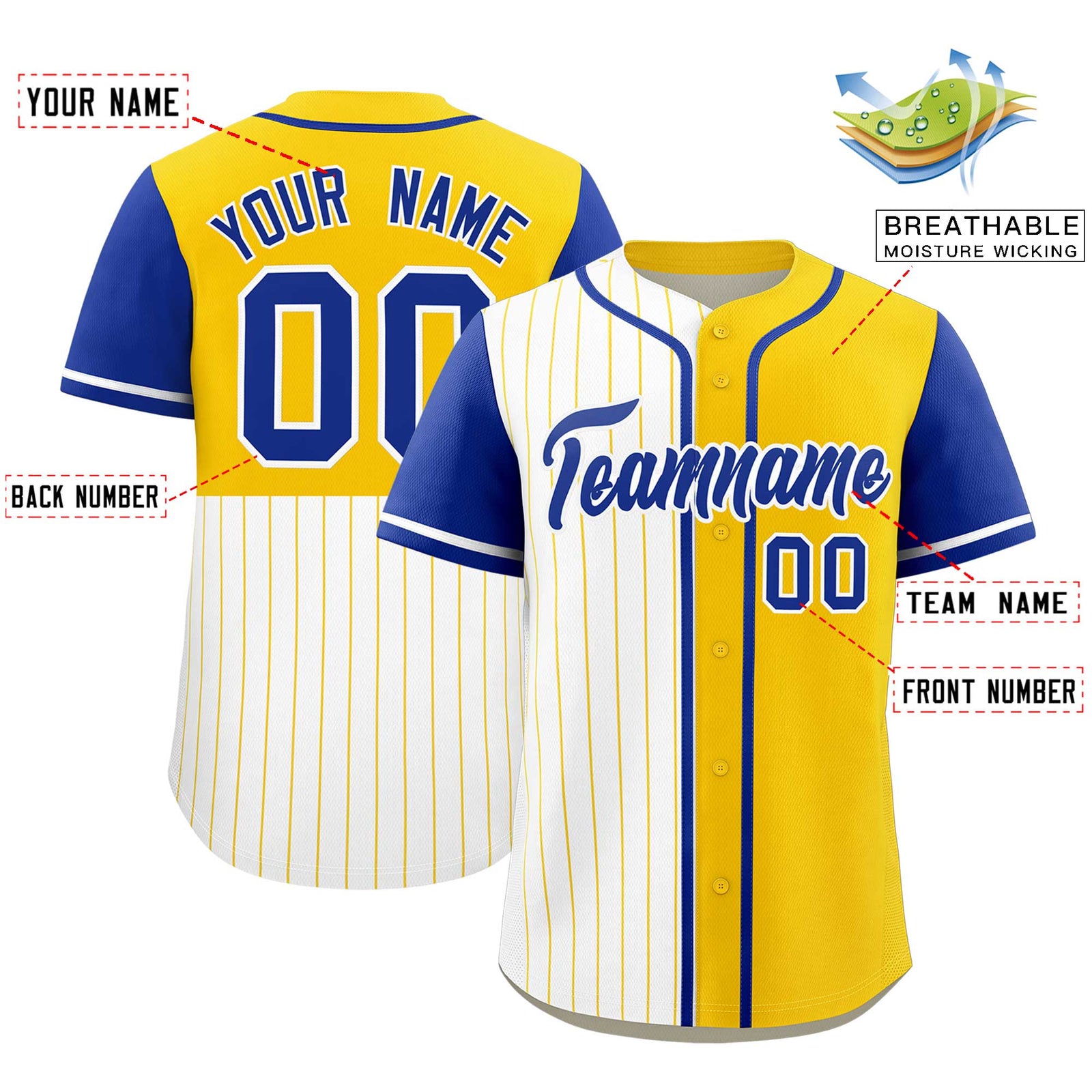 Custom White Gold and Royal Pinstripe Personalized Raglan Sleeves Authentic Baseball Jersey