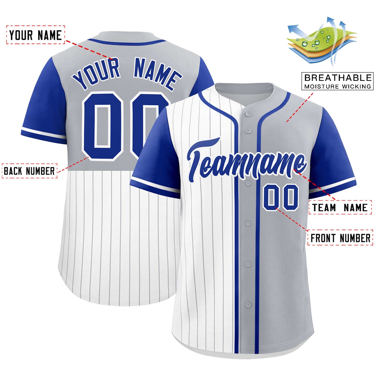 Custom White Gray and Royal Pinstripe Personalized Raglan Sleeves Authentic Baseball Jersey