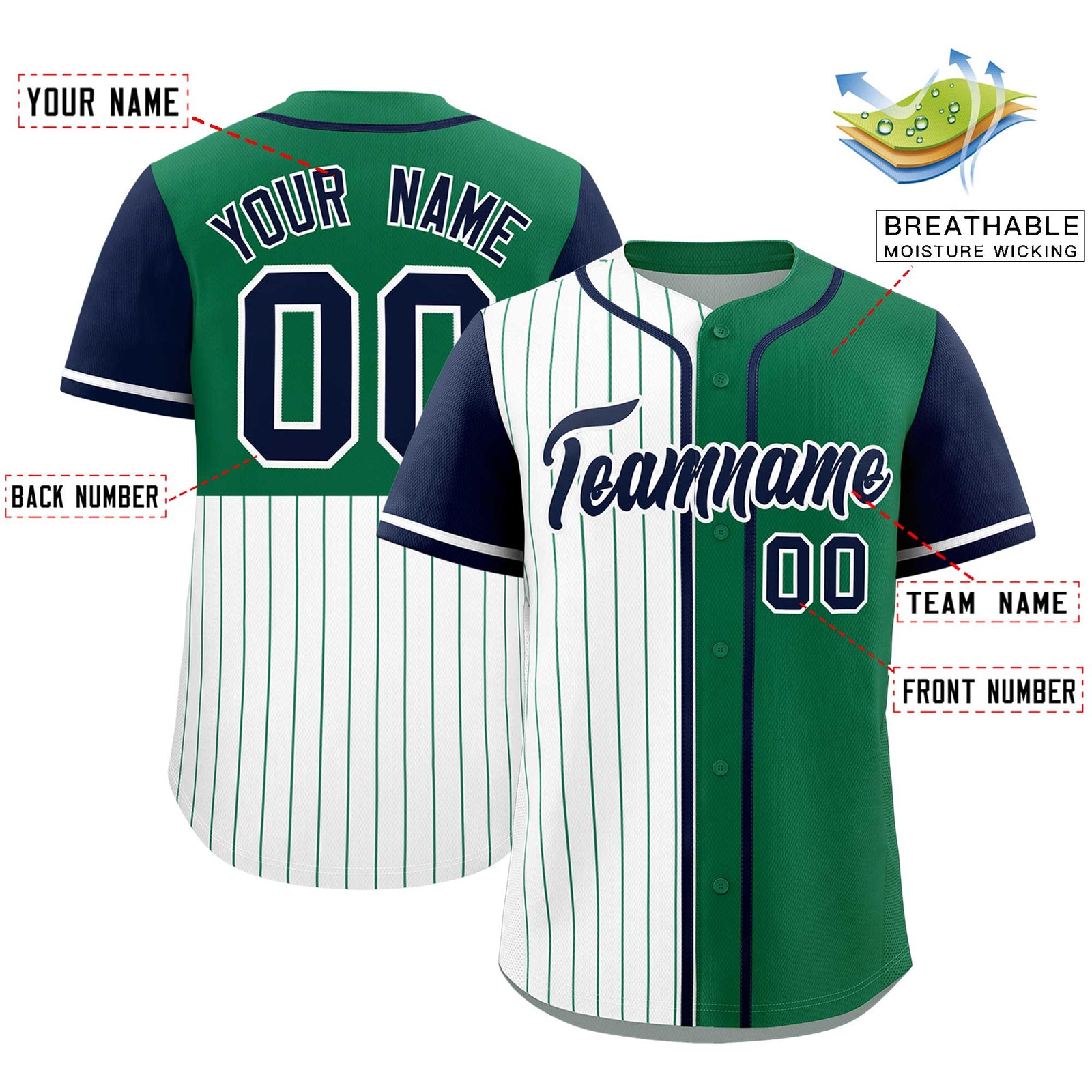 Custom White Kelly Green and Navy Pinstripe Personalized Raglan Sleeves Authentic Baseball Jersey