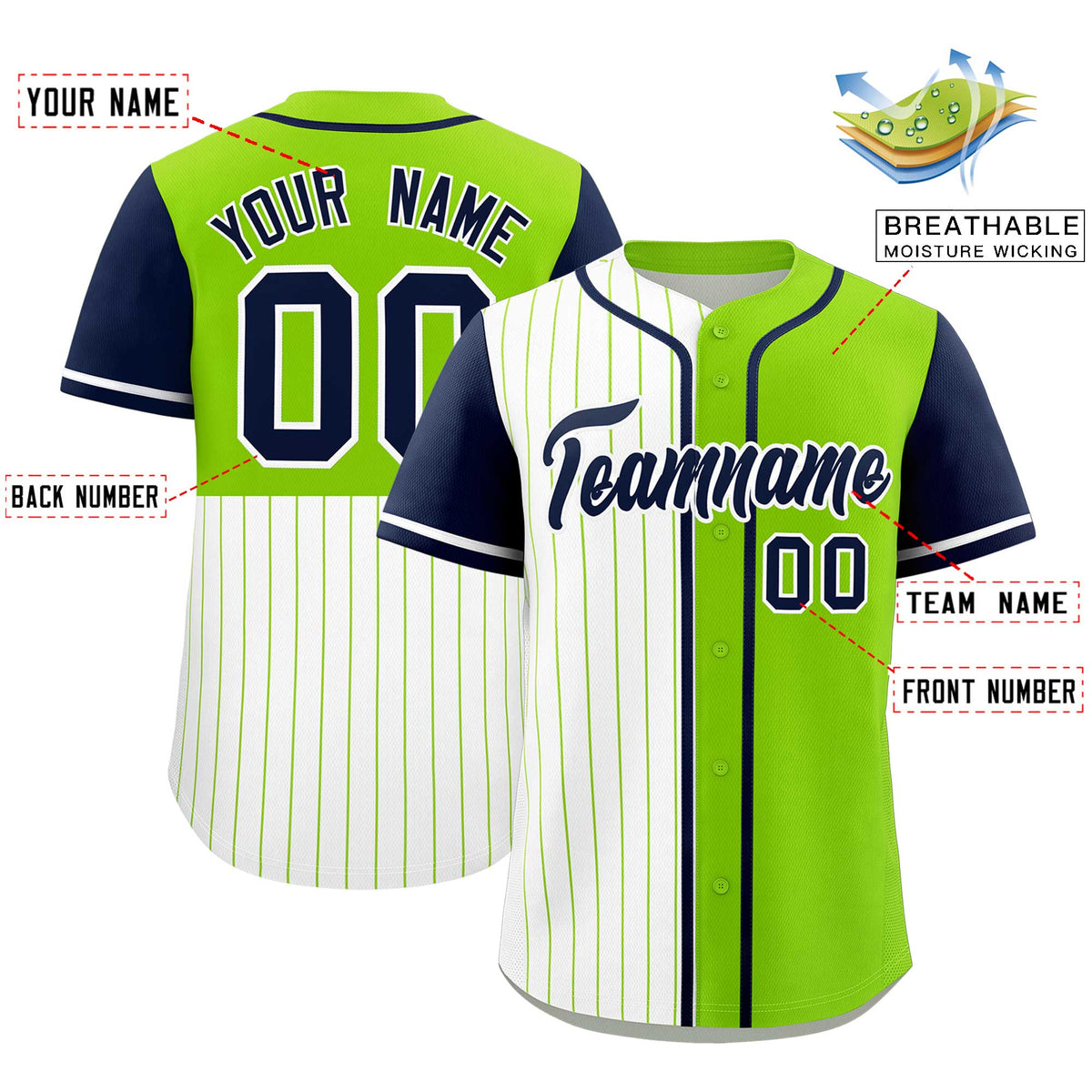 Custom White Neon Green and Navy Pinstripe Personalized Raglan Sleeves Authentic Baseball Jersey