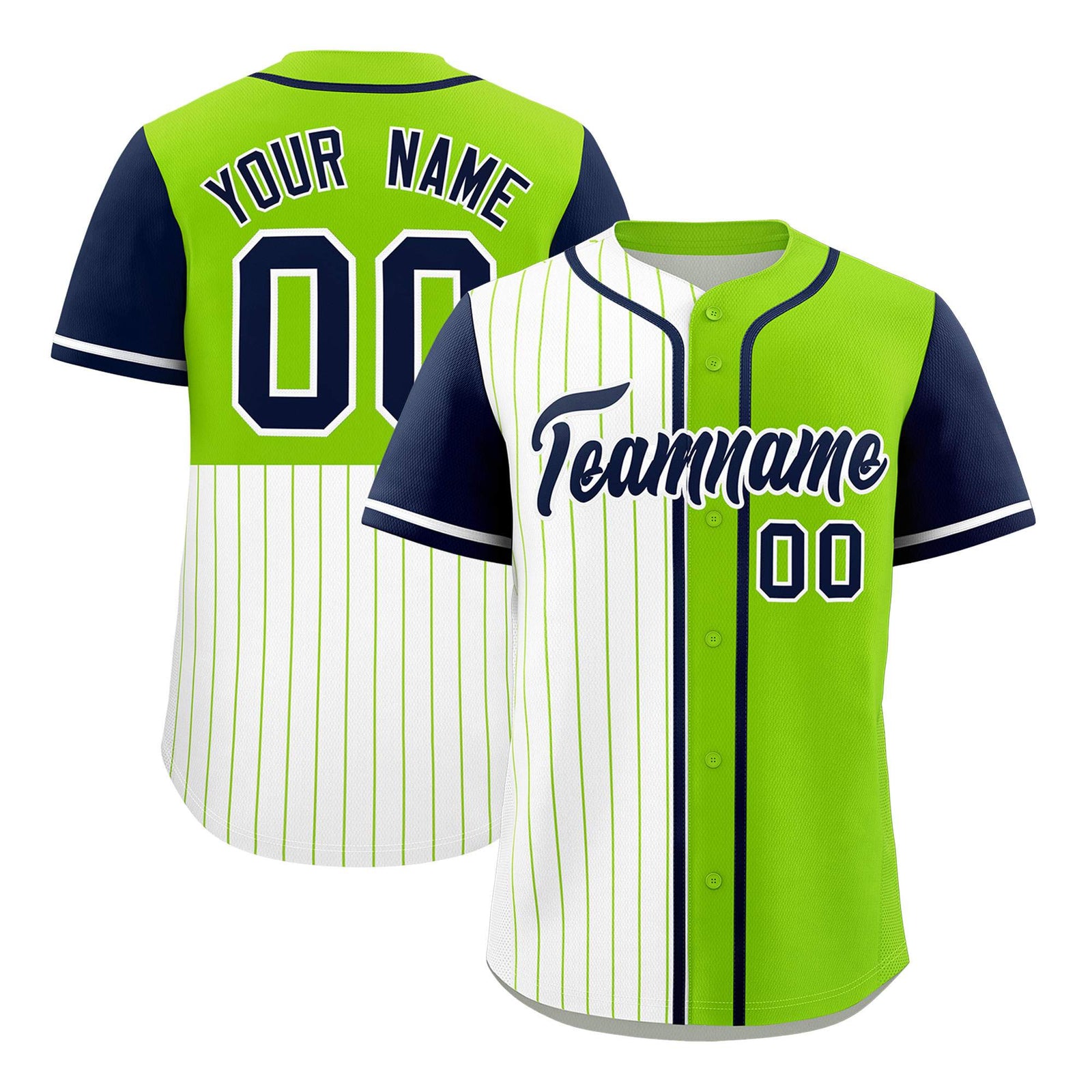 Custom White Neon Green and Navy Pinstripe Personalized Raglan Sleeves Authentic Baseball Jersey