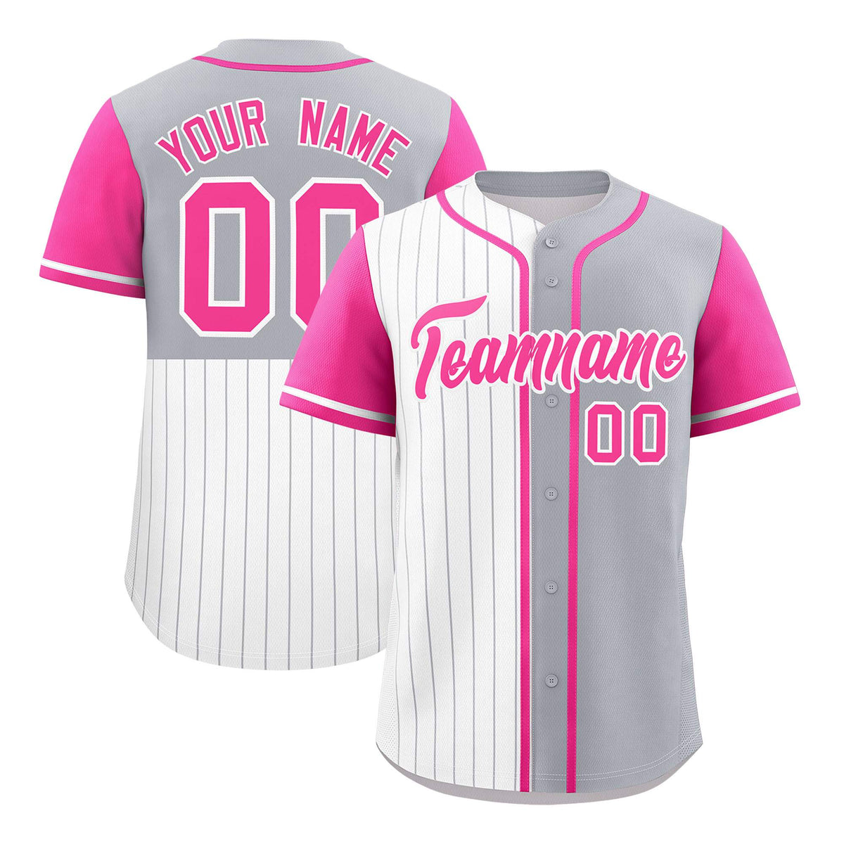 Custom White Gray and Pink Pinstripe Personalized Raglan Sleeves Authentic Baseball Jersey